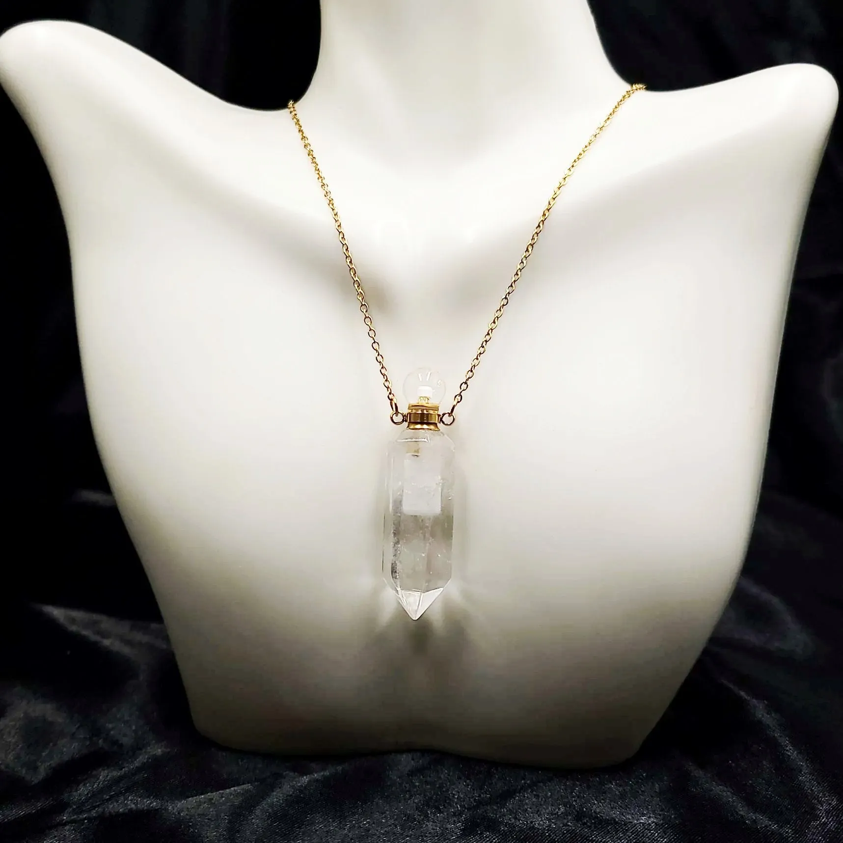 Clear Quartz Point Bottle Pendant Necklace Holder Perfume Oils Incense Ashes