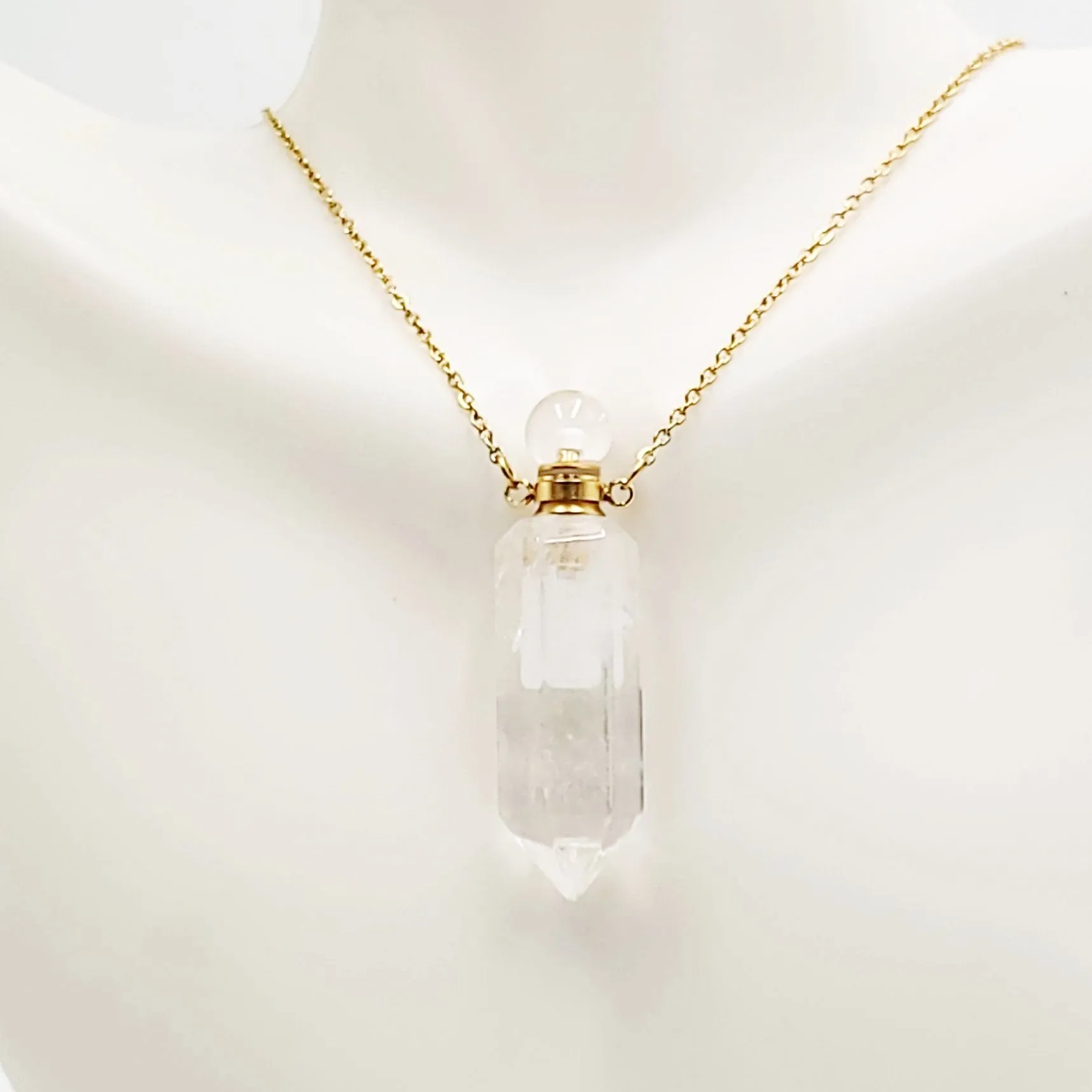 Clear Quartz Point Bottle Pendant Necklace Holder Perfume Oils Incense Ashes