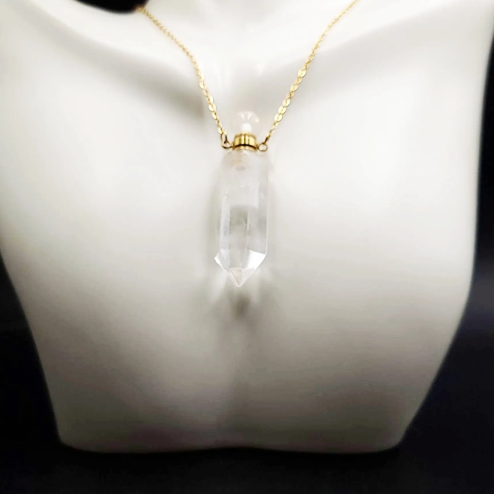 Clear Quartz Point Bottle Pendant Necklace Holder Perfume Oils Incense Ashes