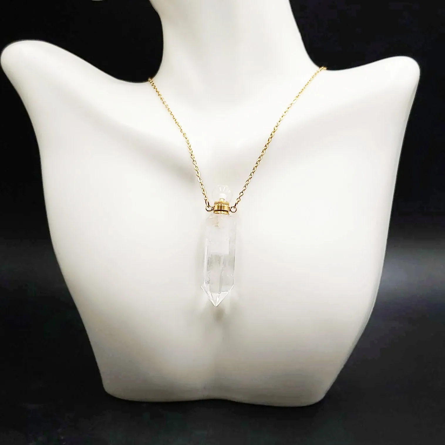 Clear Quartz Point Bottle Pendant Necklace Holder Perfume Oils Incense Ashes