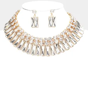Clear Round and Rectangle Stone Cluster Evening Necklace Set on Gold | Large Crystal Fashion Necklace Set  |  571413