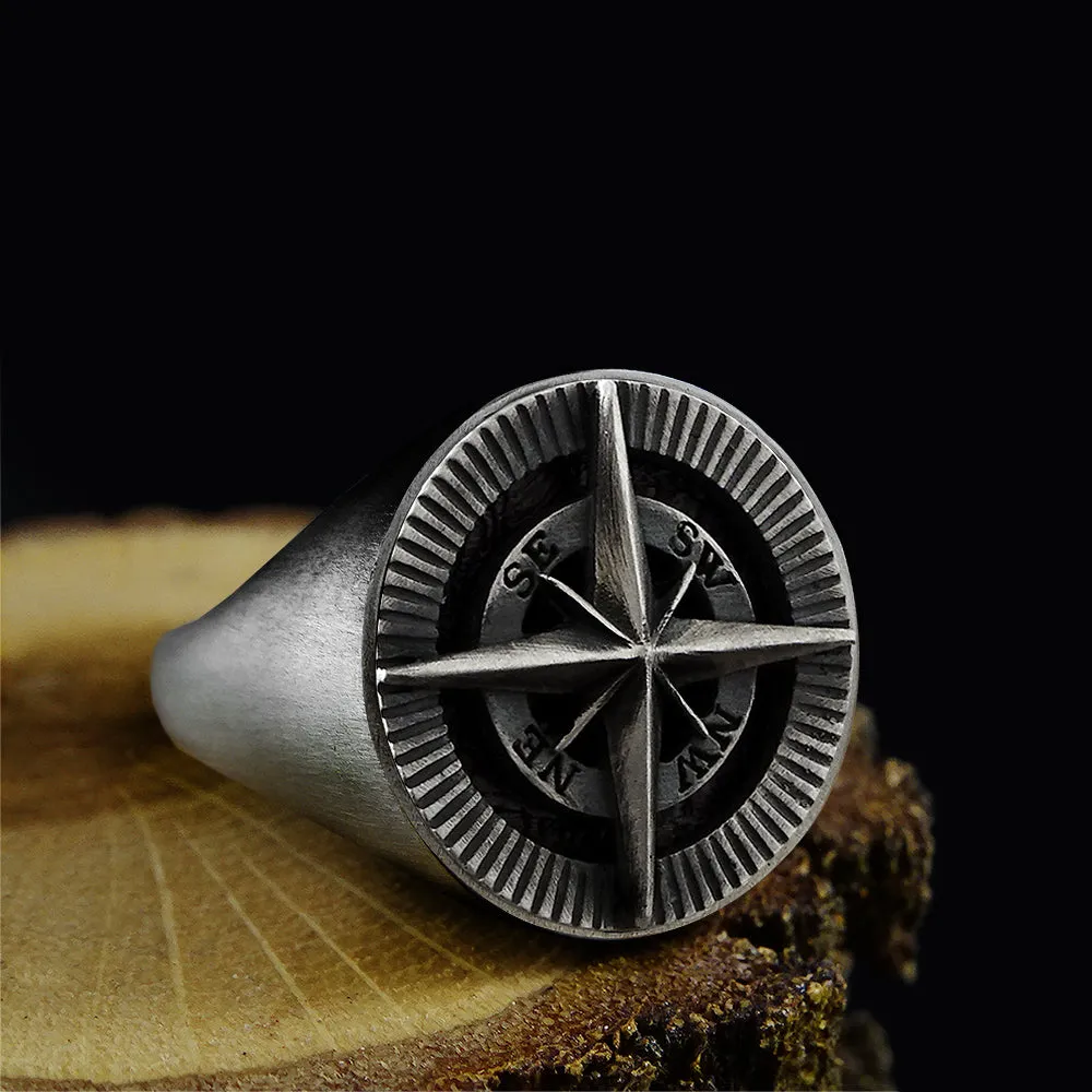 Compass Men's Signet Ring Handmade Oxidized Solid 925 Silver