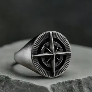 Compass Men's Signet Ring Handmade Oxidized Solid 925 Silver