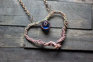 Copper Heart Necklace with Dark Blue Fused Glass Accent