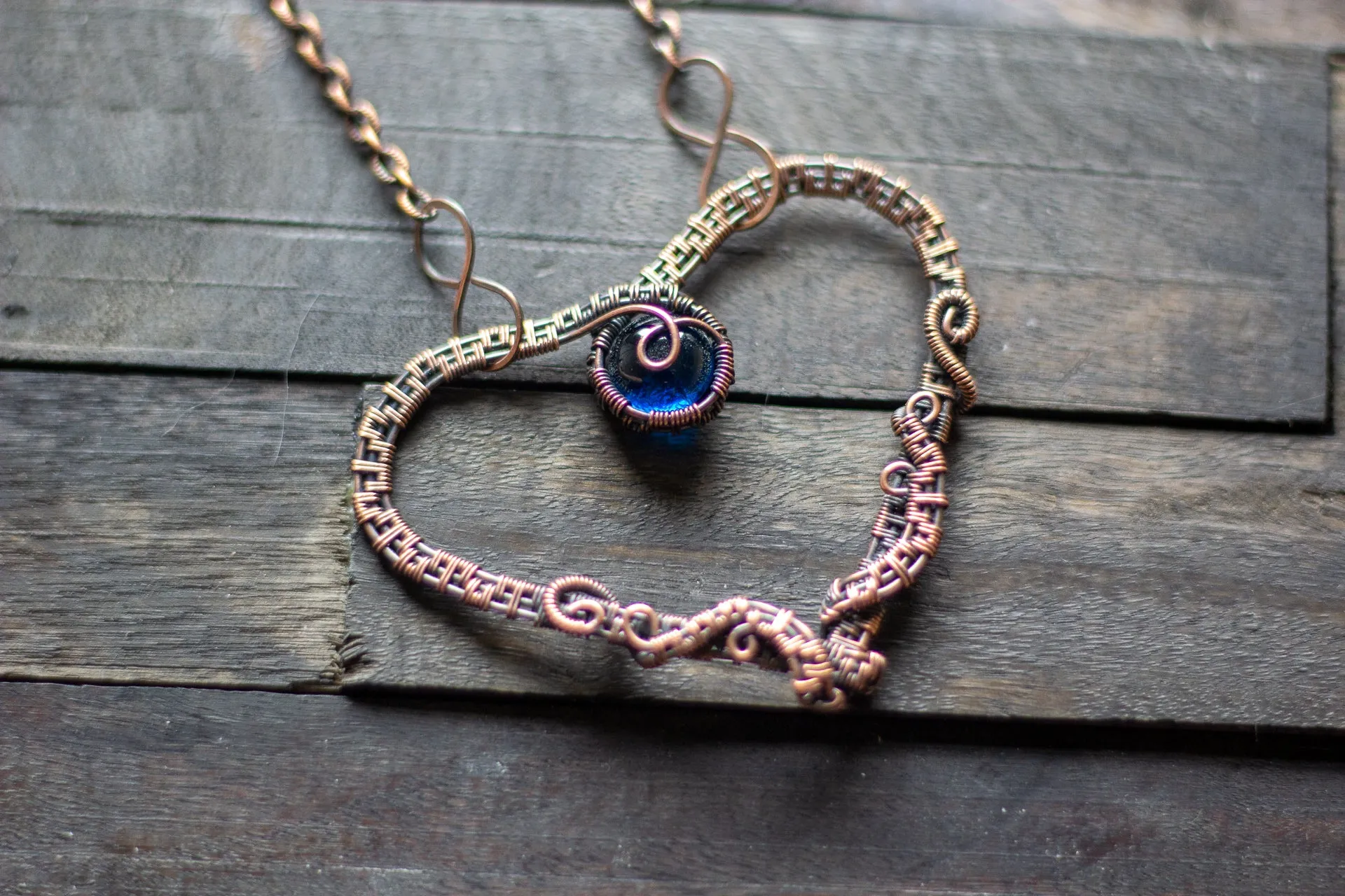Copper Heart Necklace with Dark Blue Fused Glass Accent