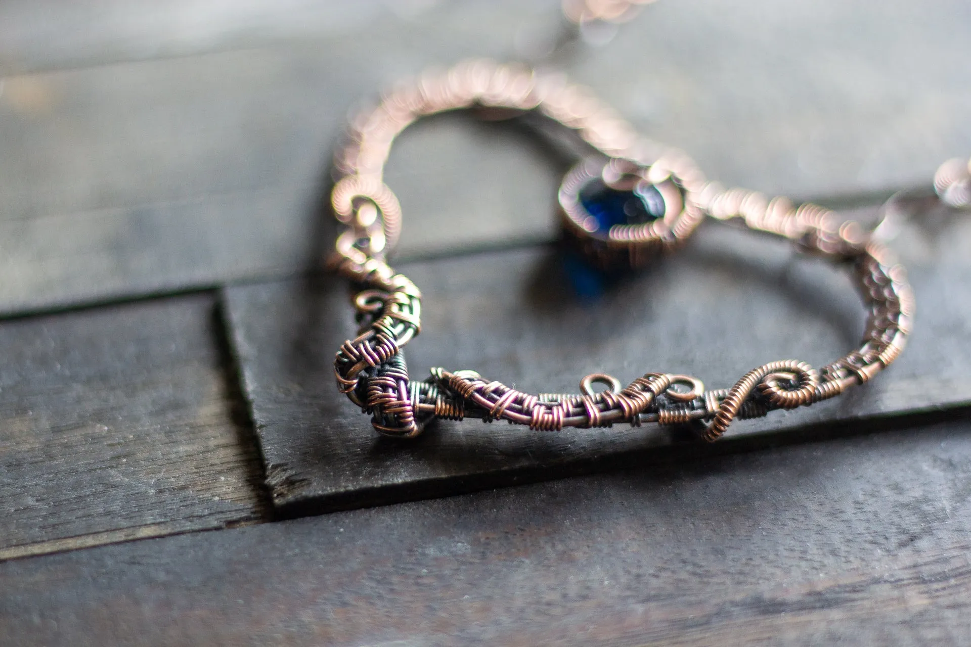Copper Heart Necklace with Dark Blue Fused Glass Accent