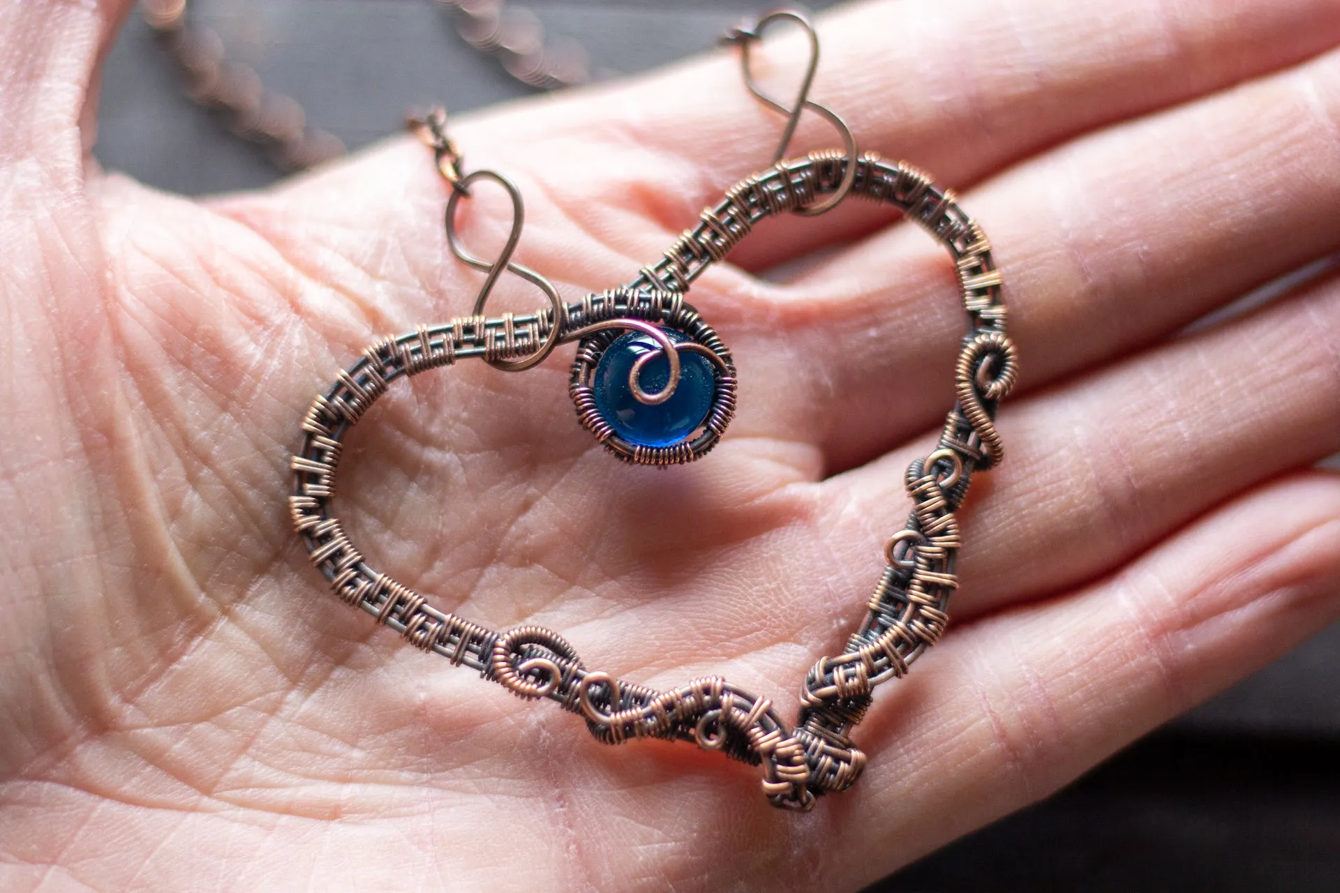 Copper Heart Necklace with Dark Blue Fused Glass Accent