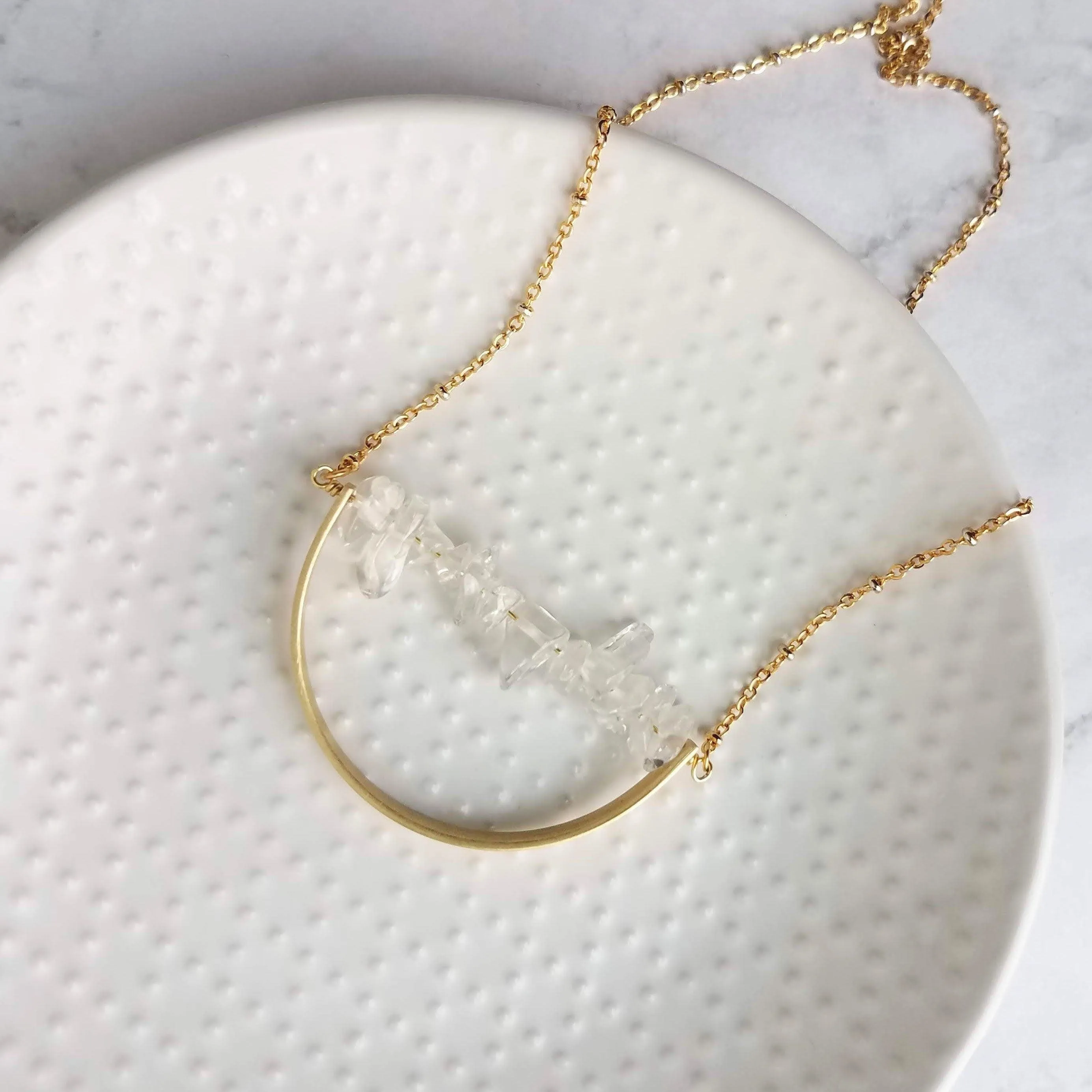 Crystal Necklace, clear quartz crystal pendant, stone pebble pendant, stone chip necklace, gold semicircle pendant, energy chakra long chain