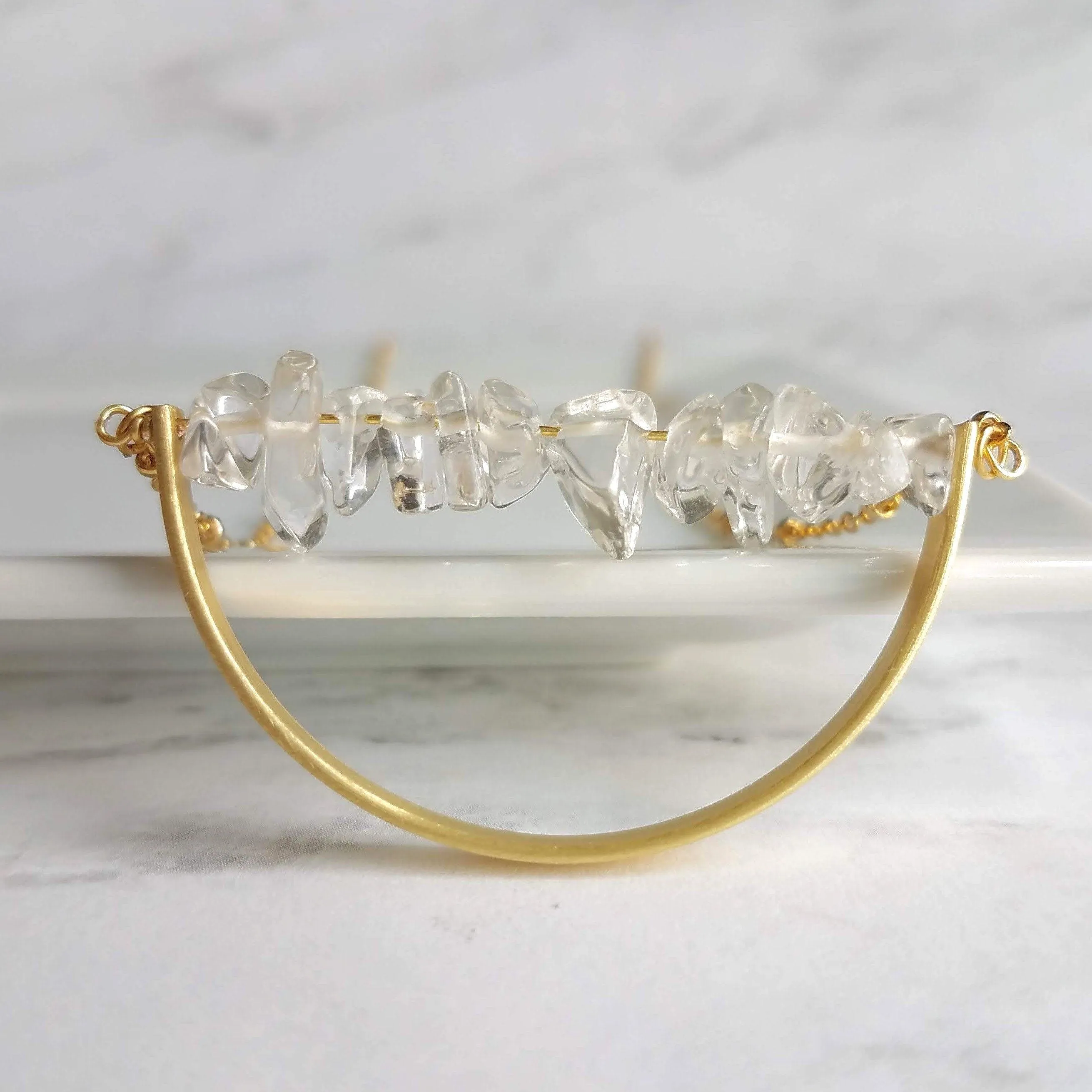 Crystal Necklace, clear quartz crystal pendant, stone pebble pendant, stone chip necklace, gold semicircle pendant, energy chakra long chain
