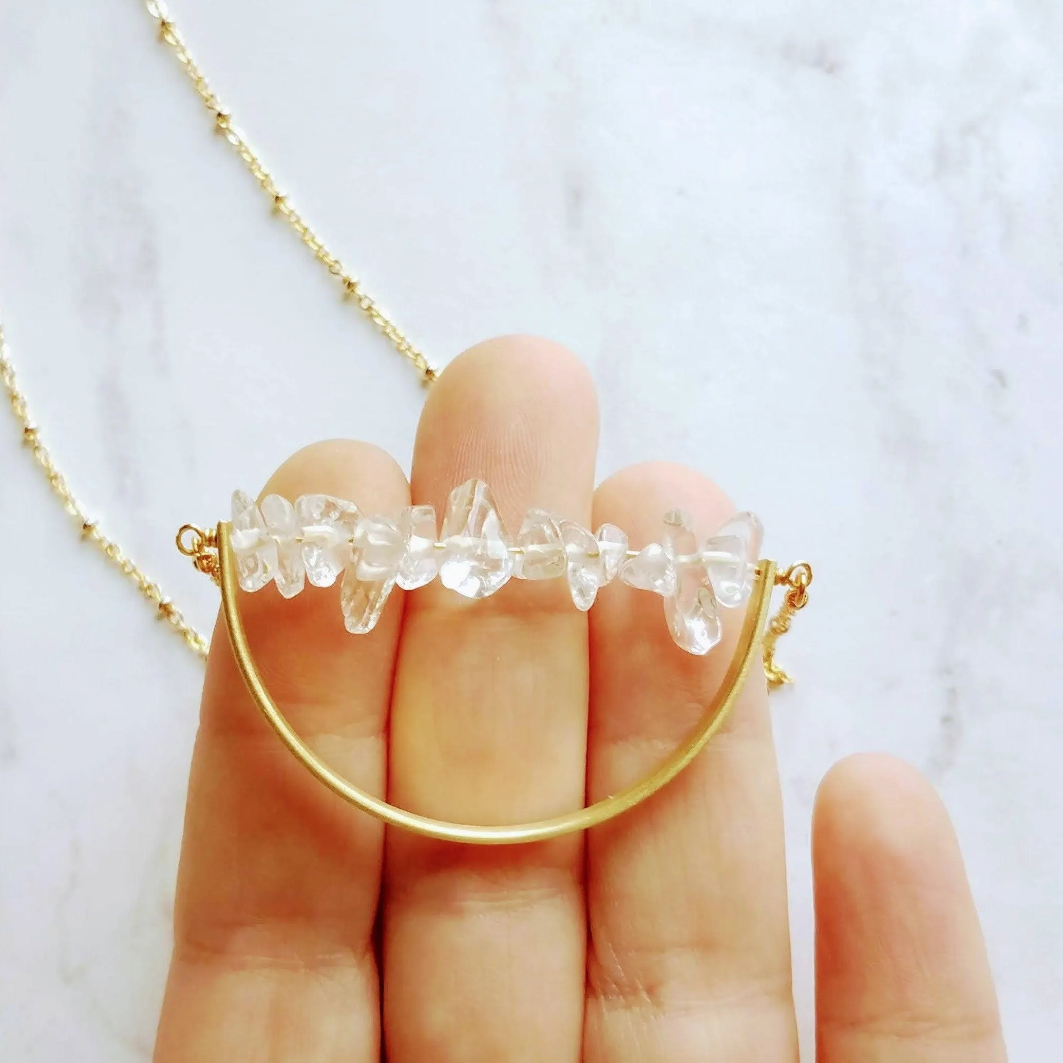 Crystal Necklace, clear quartz crystal pendant, stone pebble pendant, stone chip necklace, gold semicircle pendant, energy chakra long chain