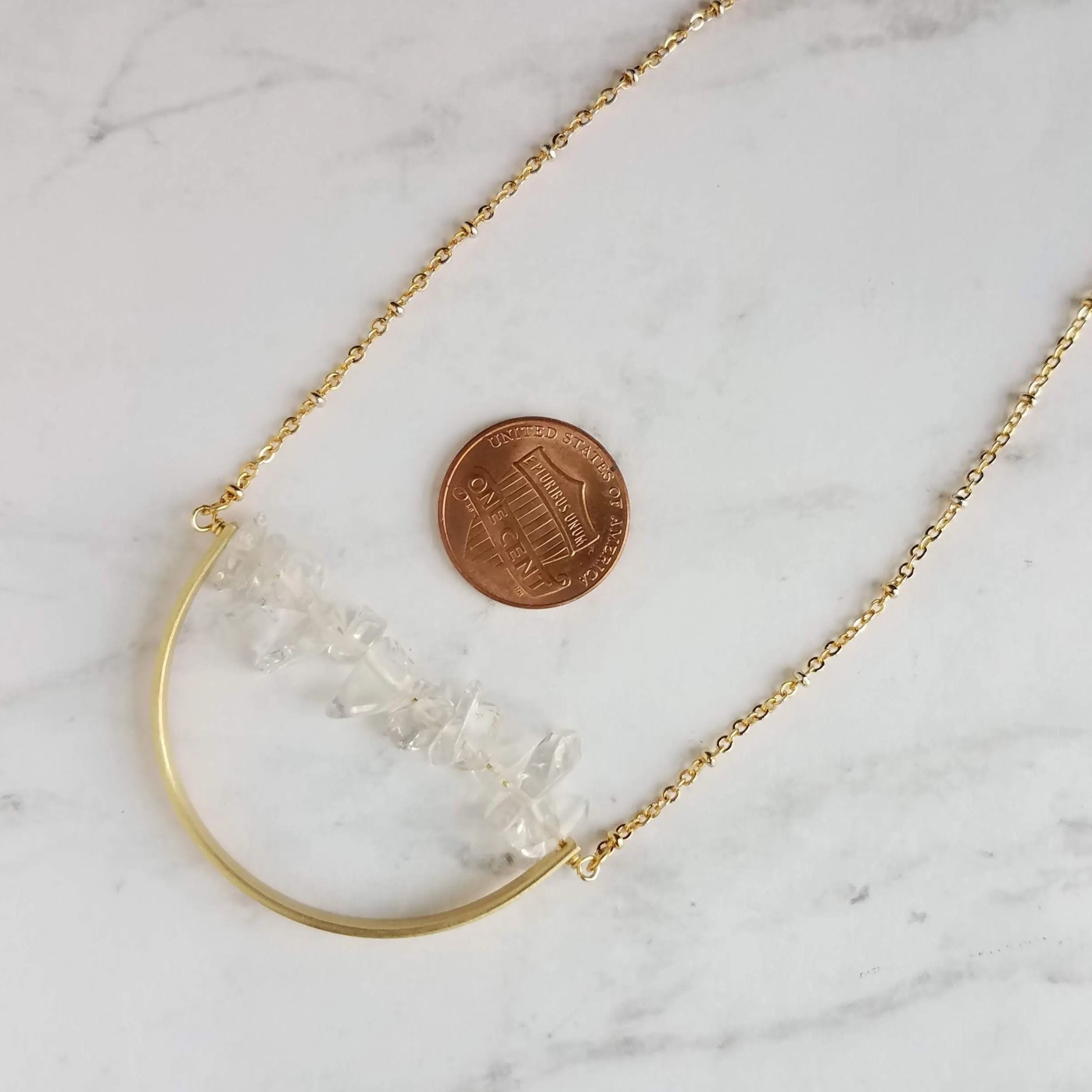Crystal Necklace, clear quartz crystal pendant, stone pebble pendant, stone chip necklace, gold semicircle pendant, energy chakra long chain