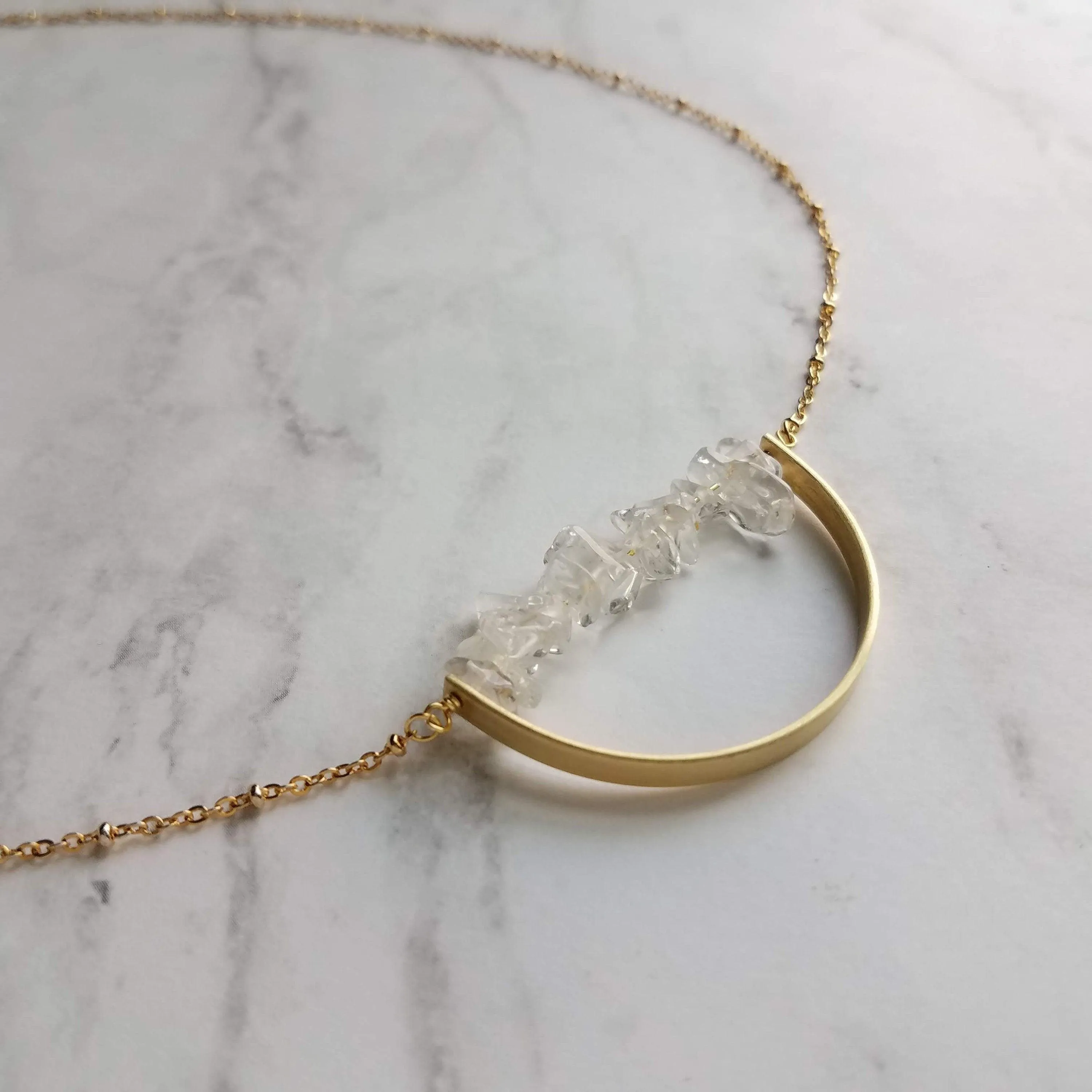 Crystal Necklace, clear quartz crystal pendant, stone pebble pendant, stone chip necklace, gold semicircle pendant, energy chakra long chain
