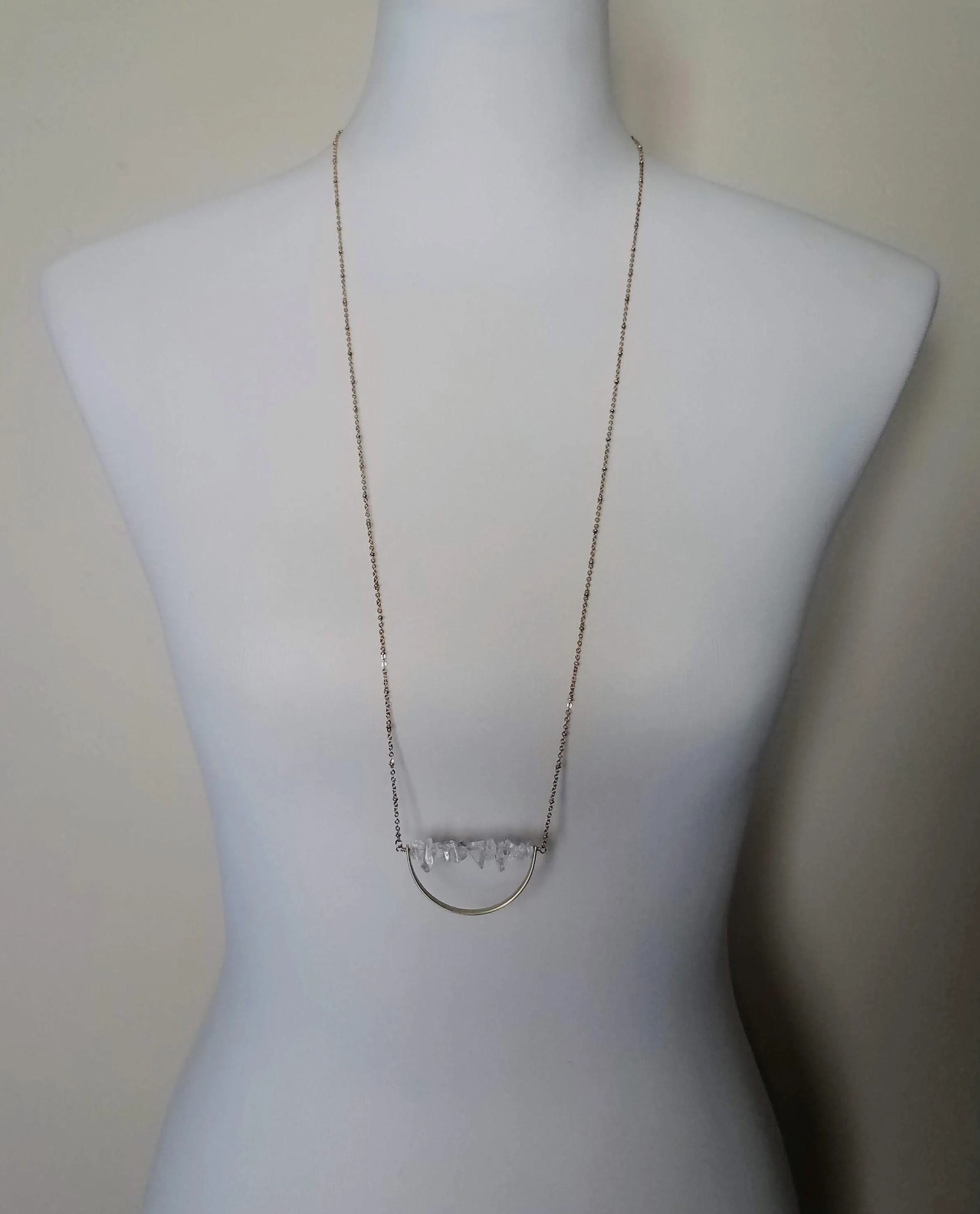 Crystal Necklace, clear quartz crystal pendant, stone pebble pendant, stone chip necklace, gold semicircle pendant, energy chakra long chain
