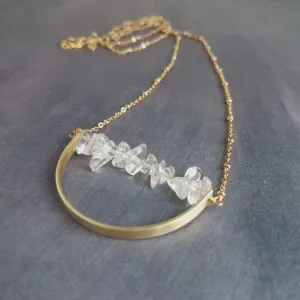 Crystal Necklace, clear quartz crystal pendant, stone pebble pendant, stone chip necklace, gold semicircle pendant, energy chakra long chain