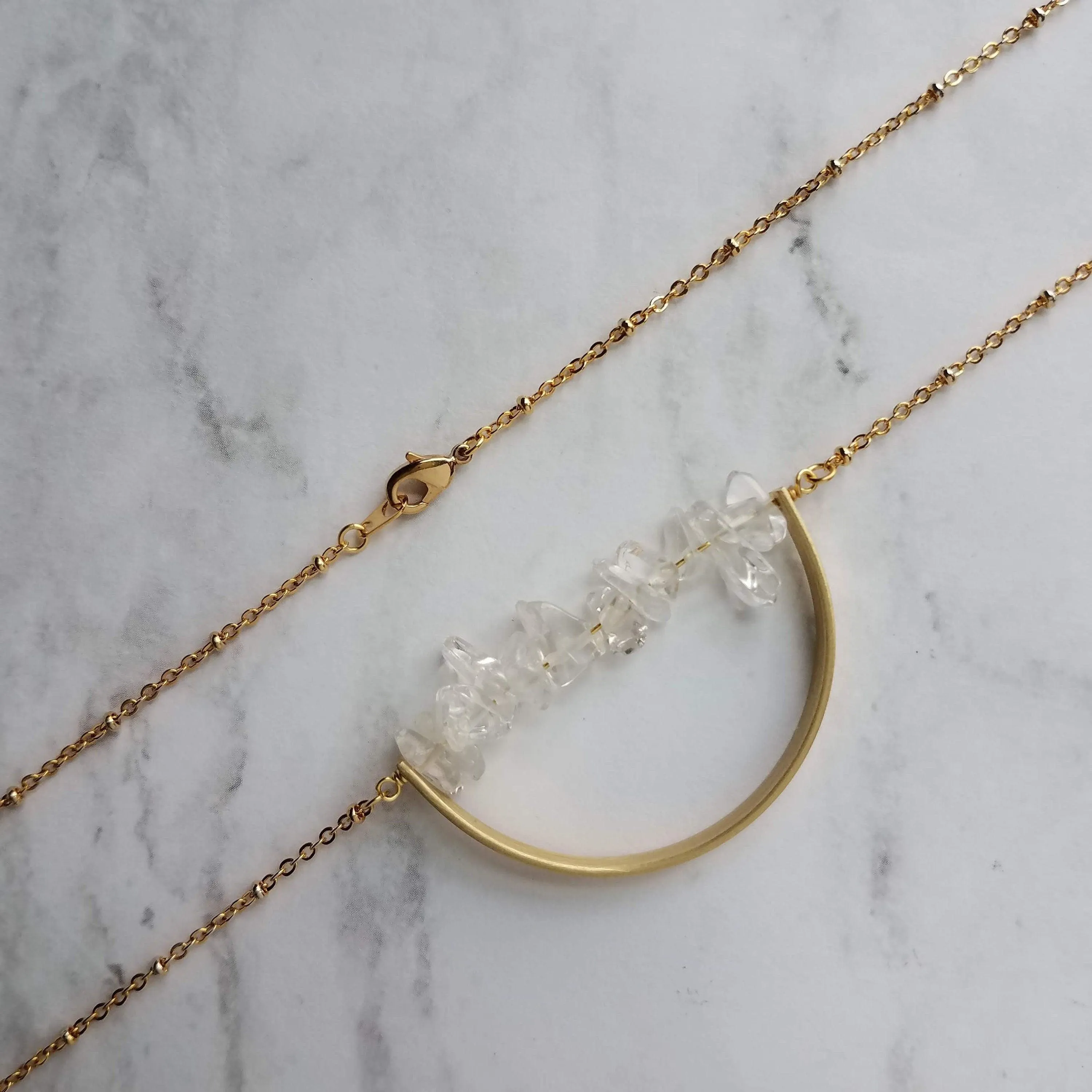 Crystal Necklace, clear quartz crystal pendant, stone pebble pendant, stone chip necklace, gold semicircle pendant, energy chakra long chain