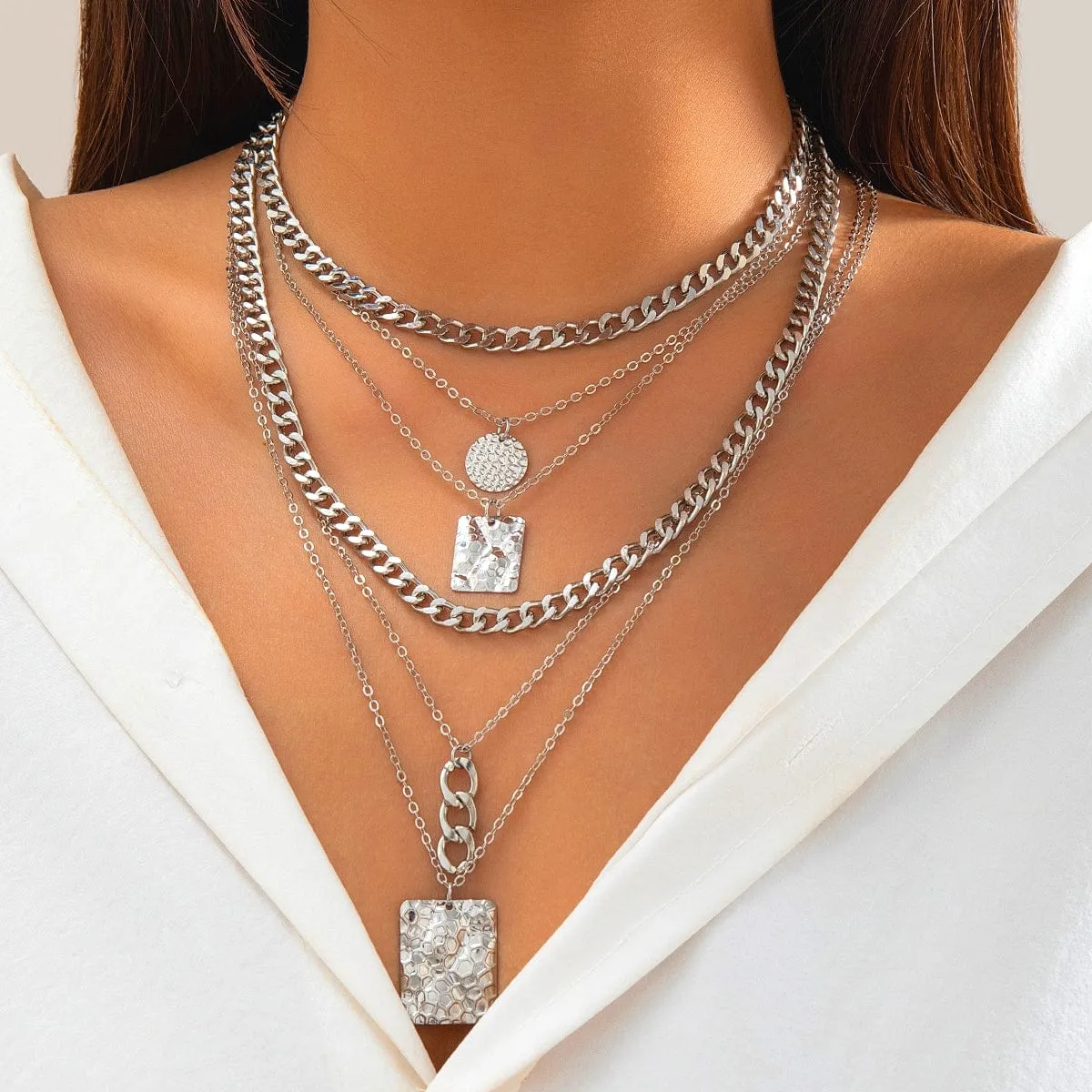 Cuban Layered Round Disk Ring Buckle Square Pendant Chunky Curb Chain Necklace Set