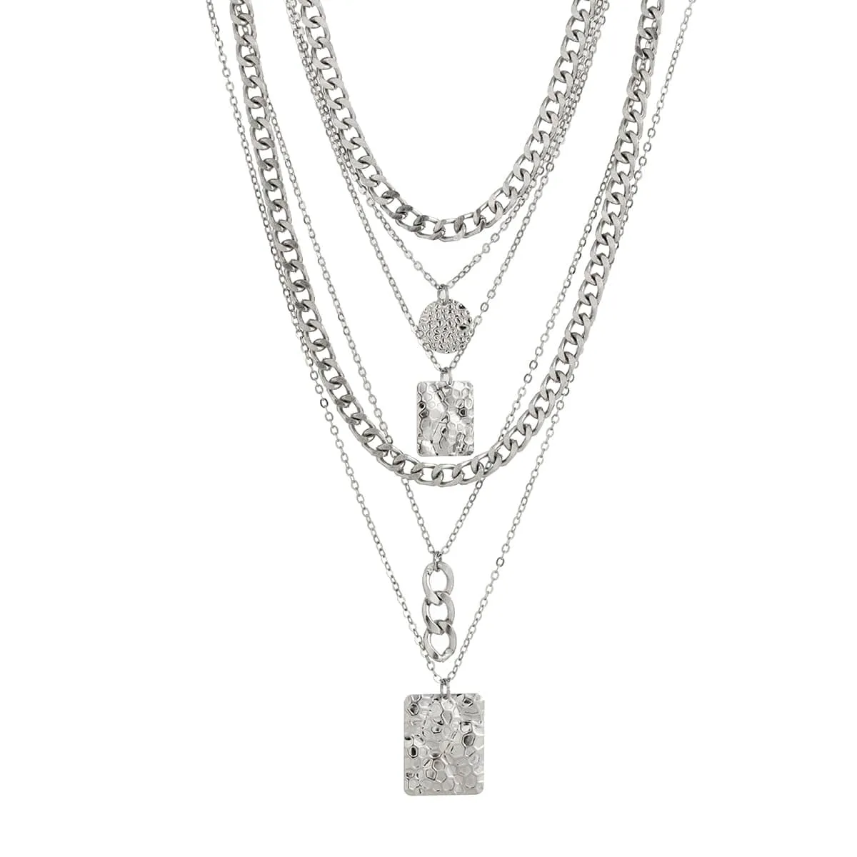 Cuban Layered Round Disk Ring Buckle Square Pendant Chunky Curb Chain Necklace Set