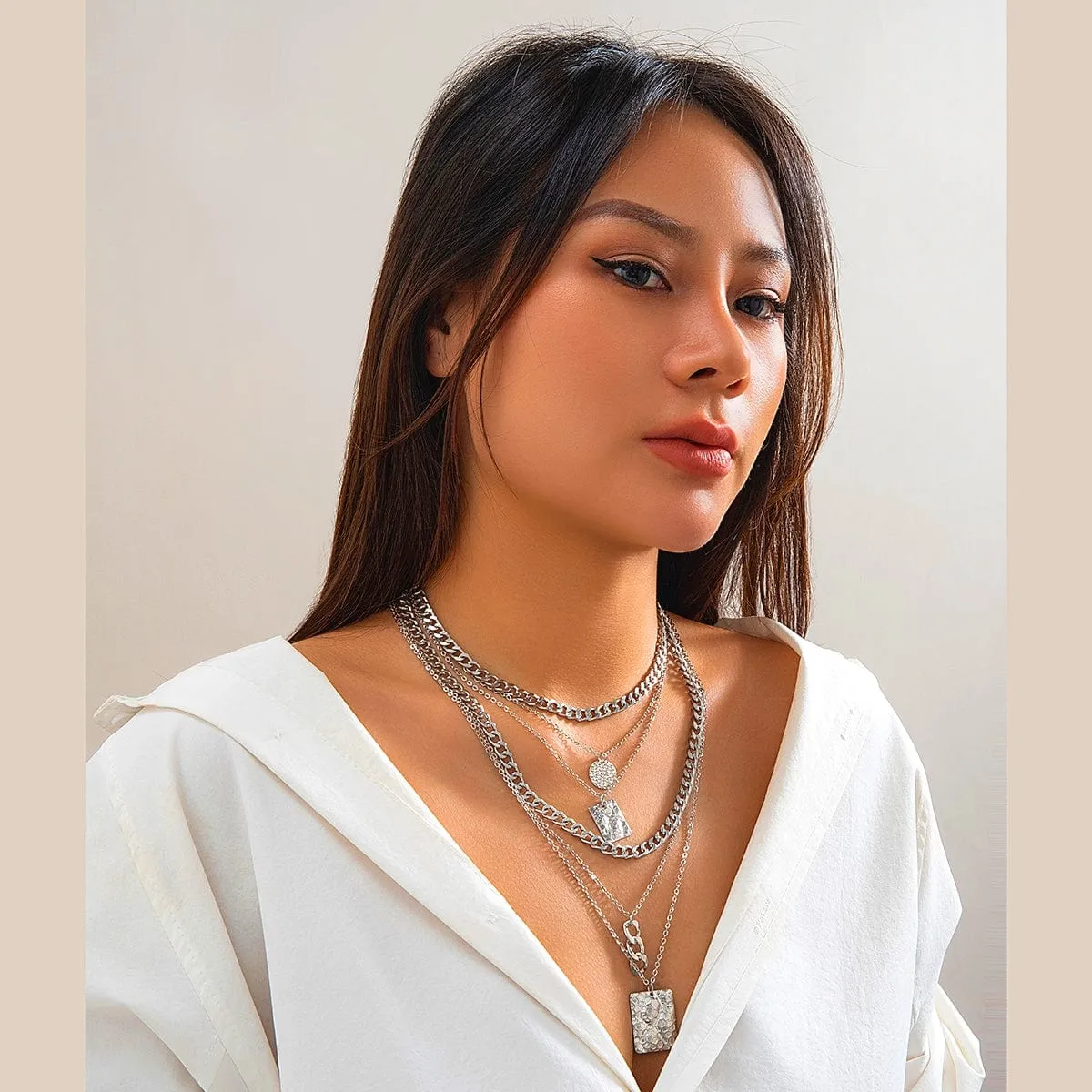 Cuban Layered Round Disk Ring Buckle Square Pendant Chunky Curb Chain Necklace Set