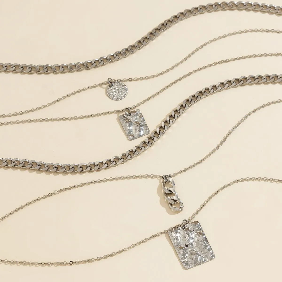 Cuban Layered Round Disk Ring Buckle Square Pendant Chunky Curb Chain Necklace Set