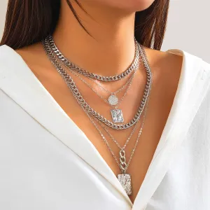 Cuban Layered Round Disk Ring Buckle Square Pendant Chunky Curb Chain Necklace Set
