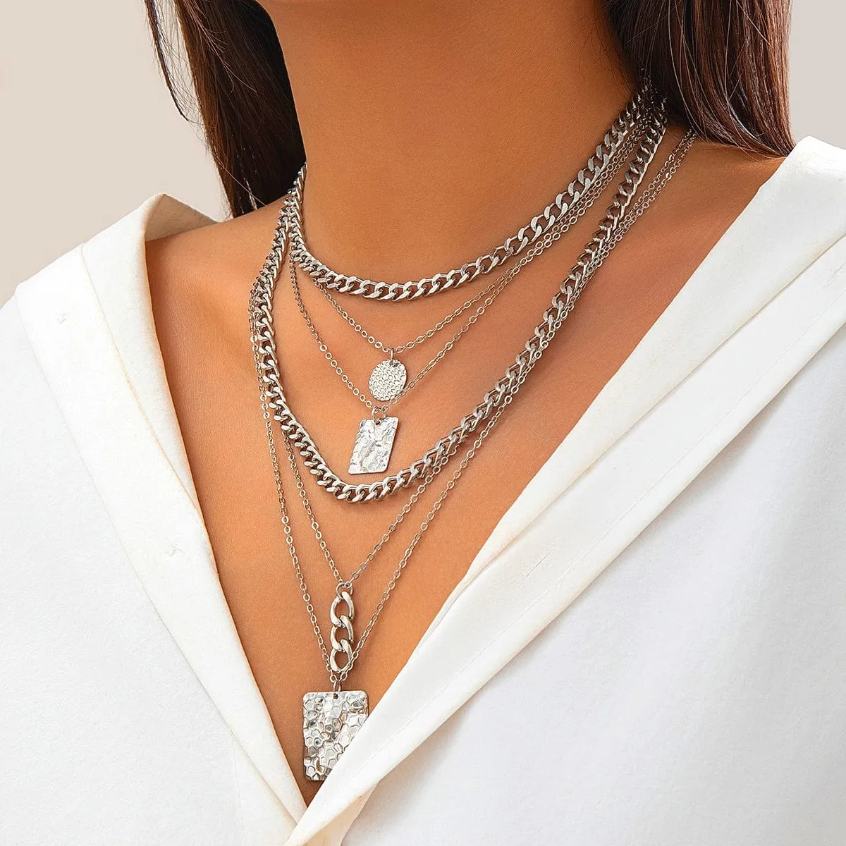 Cuban Layered Round Disk Ring Buckle Square Pendant Chunky Curb Chain Necklace Set