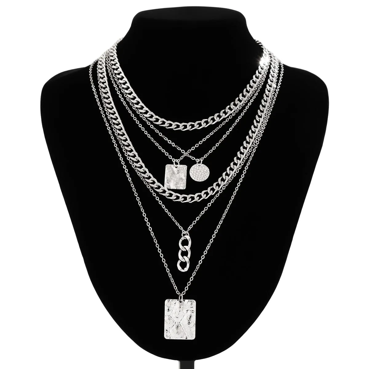 Cuban Layered Round Disk Ring Buckle Square Pendant Chunky Curb Chain Necklace Set