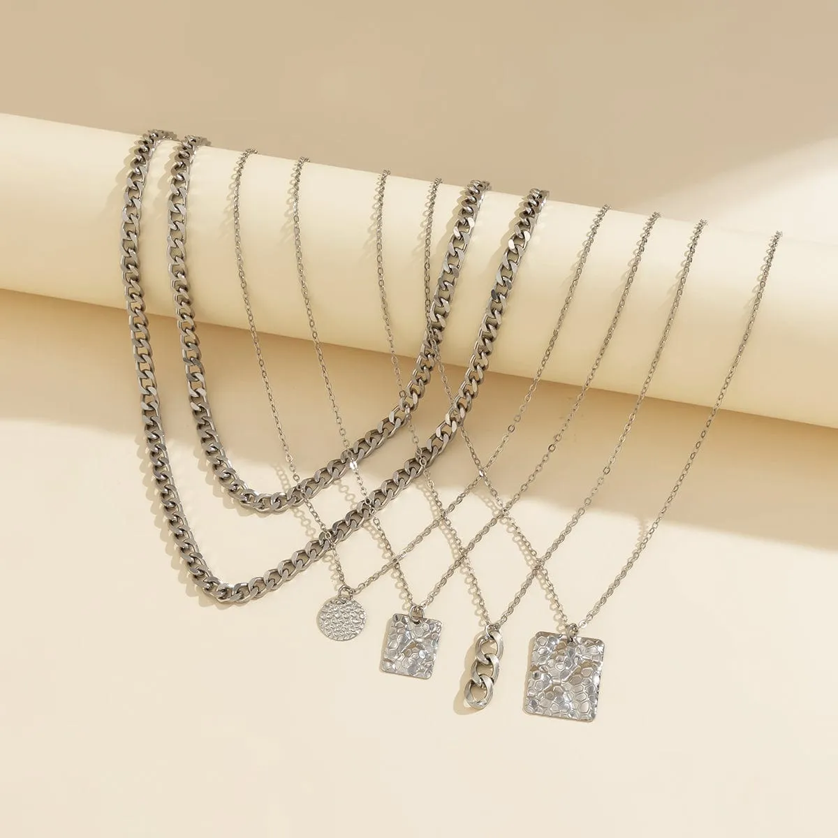 Cuban Layered Round Disk Ring Buckle Square Pendant Chunky Curb Chain Necklace Set