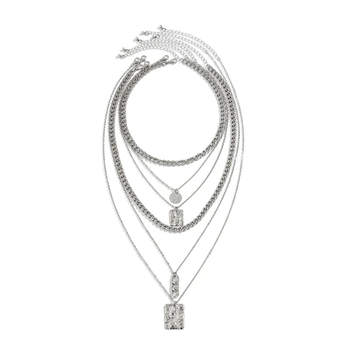 Cuban Layered Round Disk Ring Buckle Square Pendant Chunky Curb Chain Necklace Set
