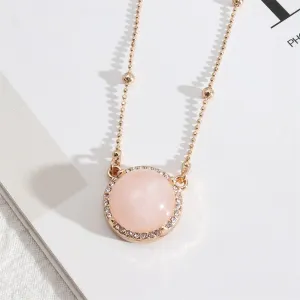 Cubic Zirconia & Pink Crystal Ball Station Chain Halo Round Pendant Necklace