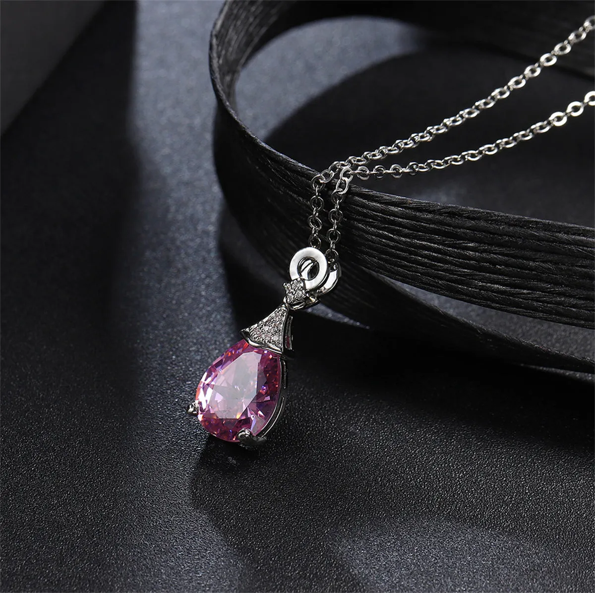Cubic Zirconia & Pink Crystal Teardrop Pendant Necklace
