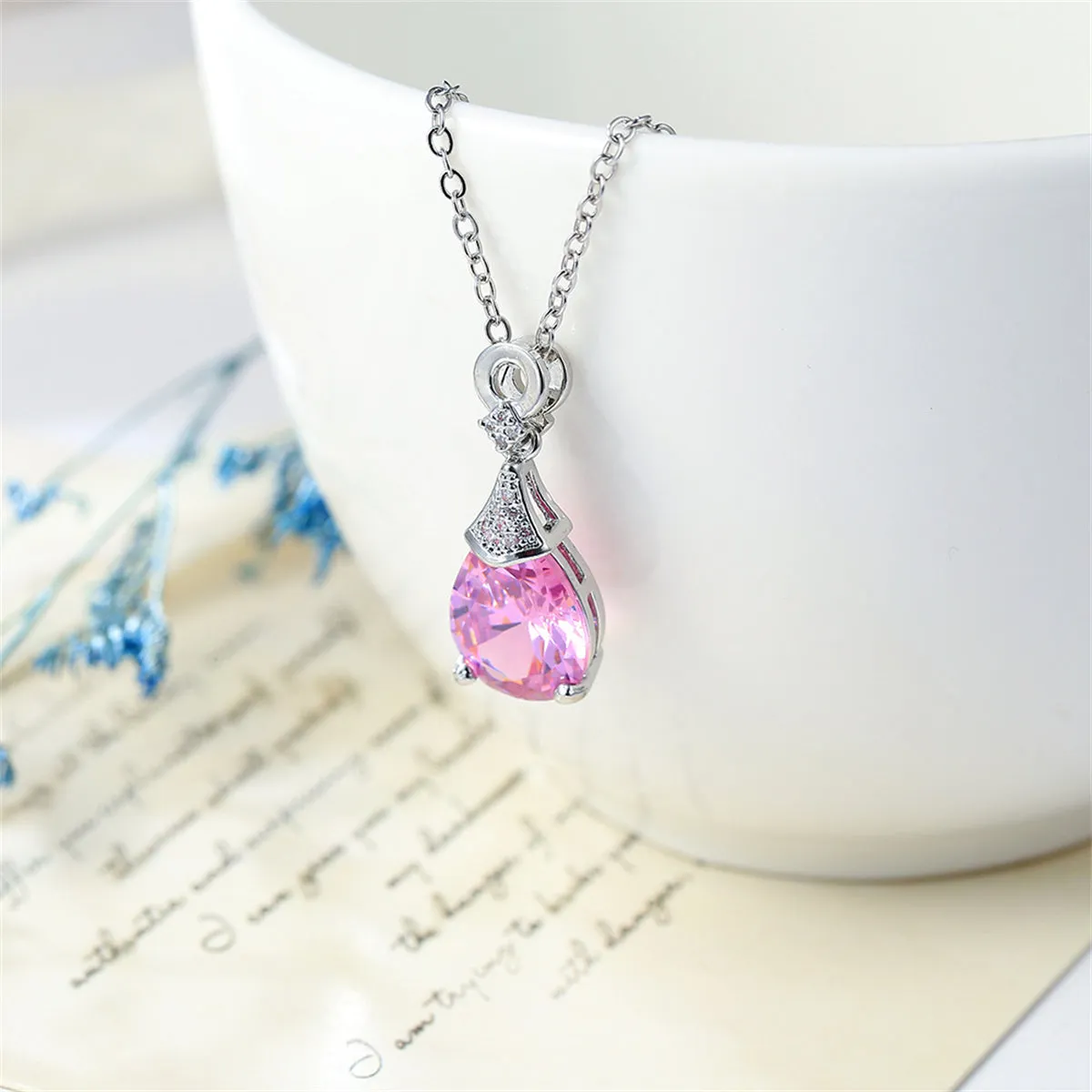 Cubic Zirconia & Pink Crystal Teardrop Pendant Necklace