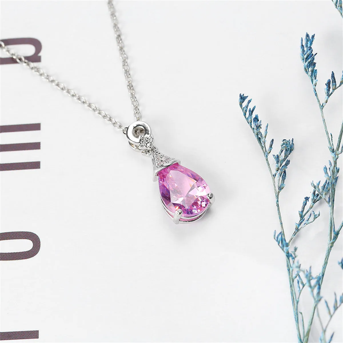 Cubic Zirconia & Pink Crystal Teardrop Pendant Necklace