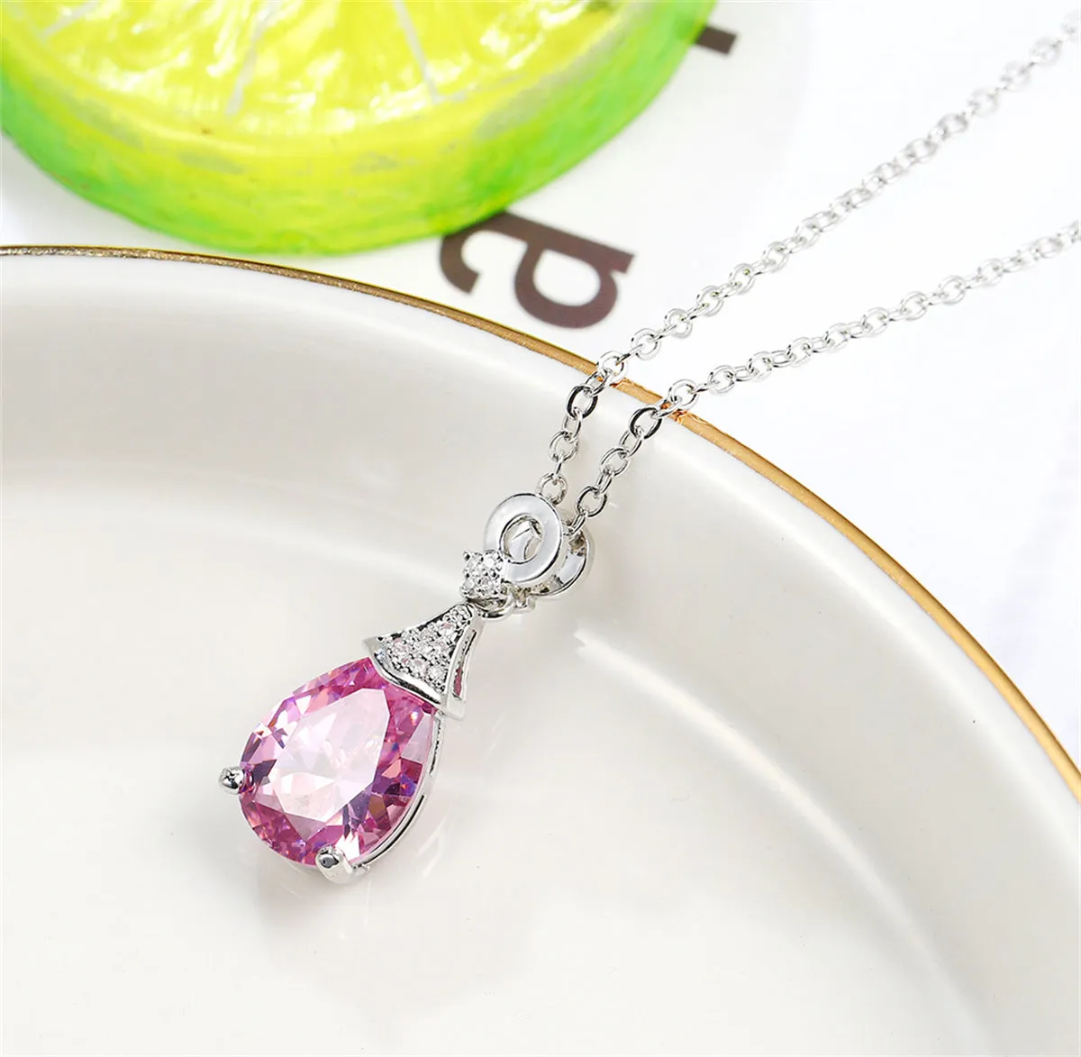 Cubic Zirconia & Pink Crystal Teardrop Pendant Necklace