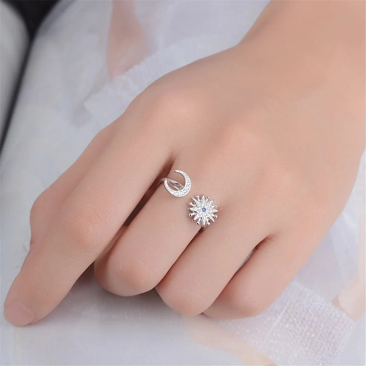 Cubic Zirconia & Silver-Plated Sun & Moon Bypass Ring