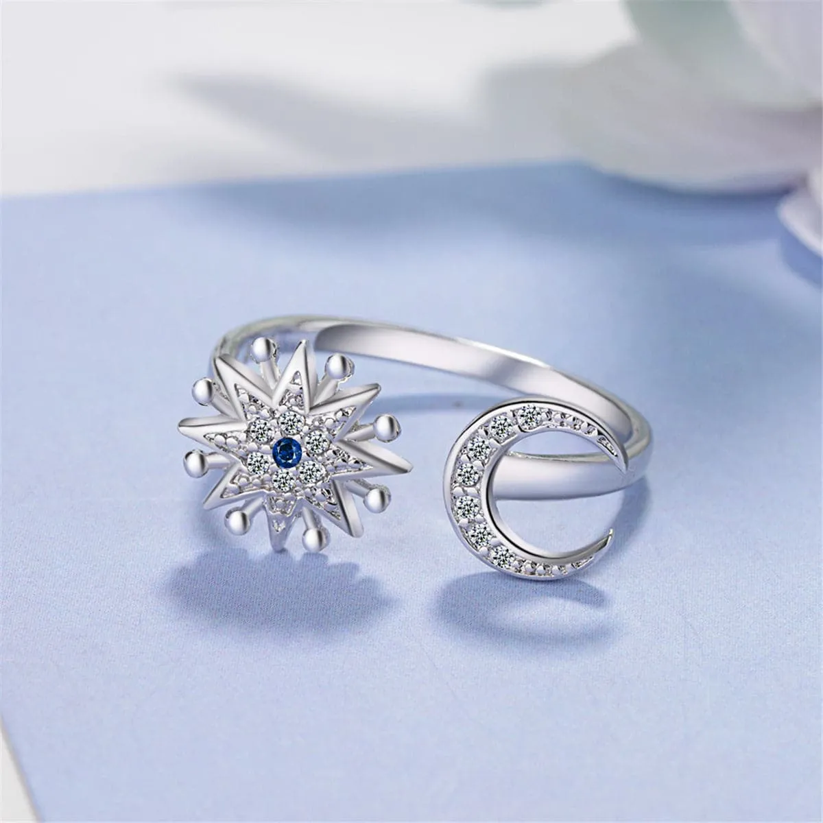 Cubic Zirconia & Silver-Plated Sun & Moon Bypass Ring