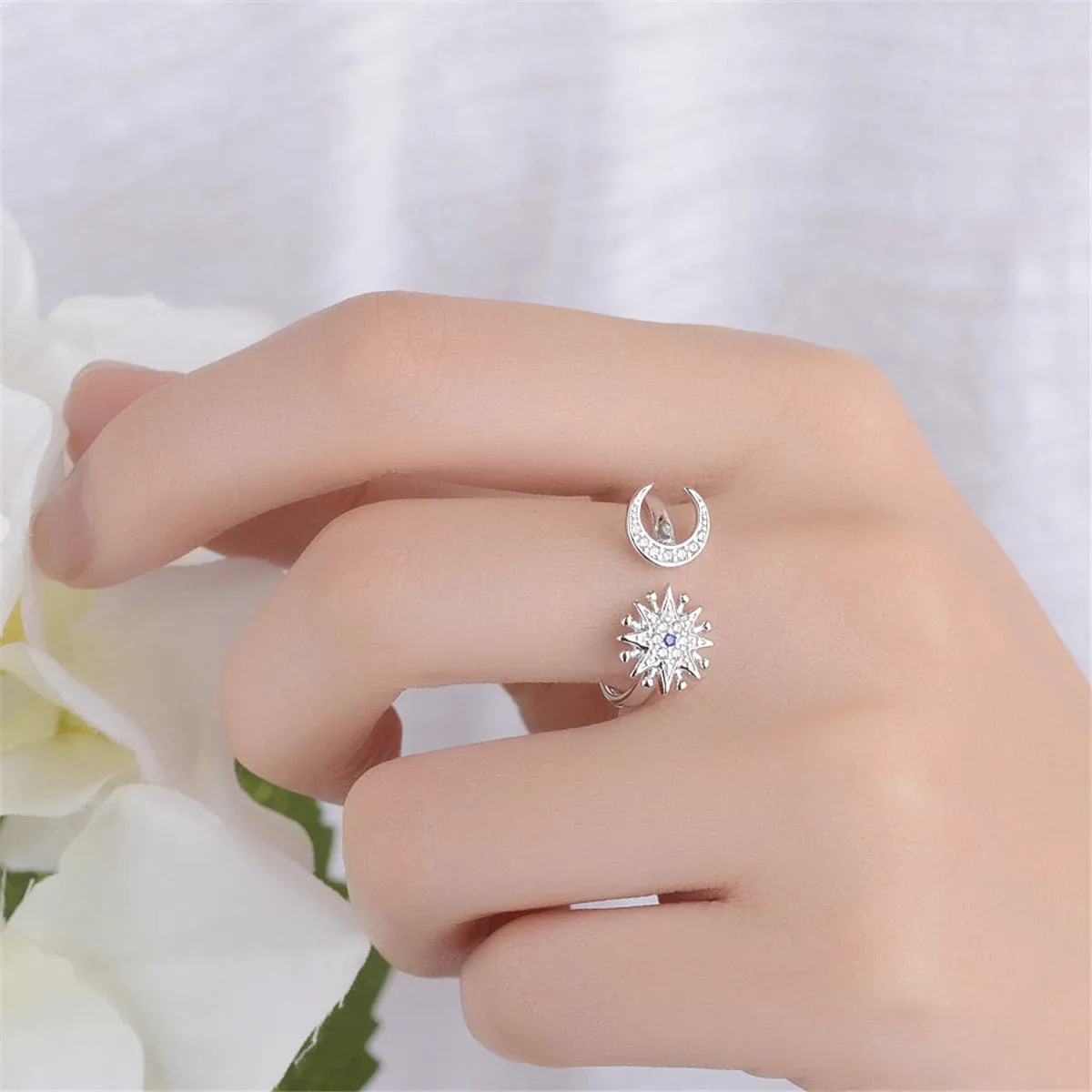 Cubic Zirconia & Silver-Plated Sun & Moon Bypass Ring