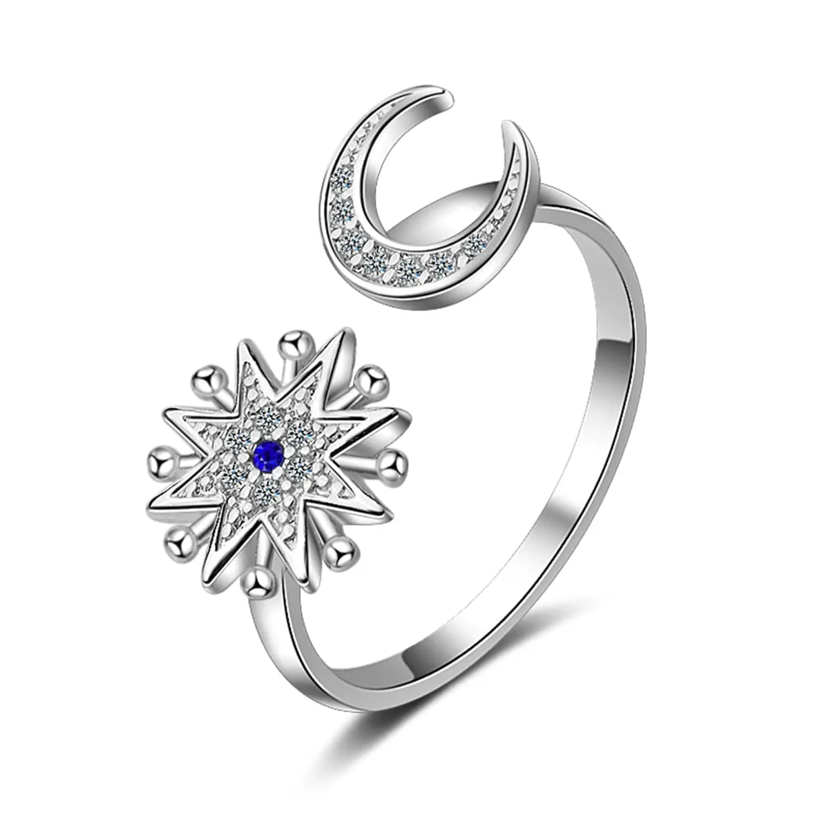 Cubic Zirconia & Silver-Plated Sun & Moon Bypass Ring