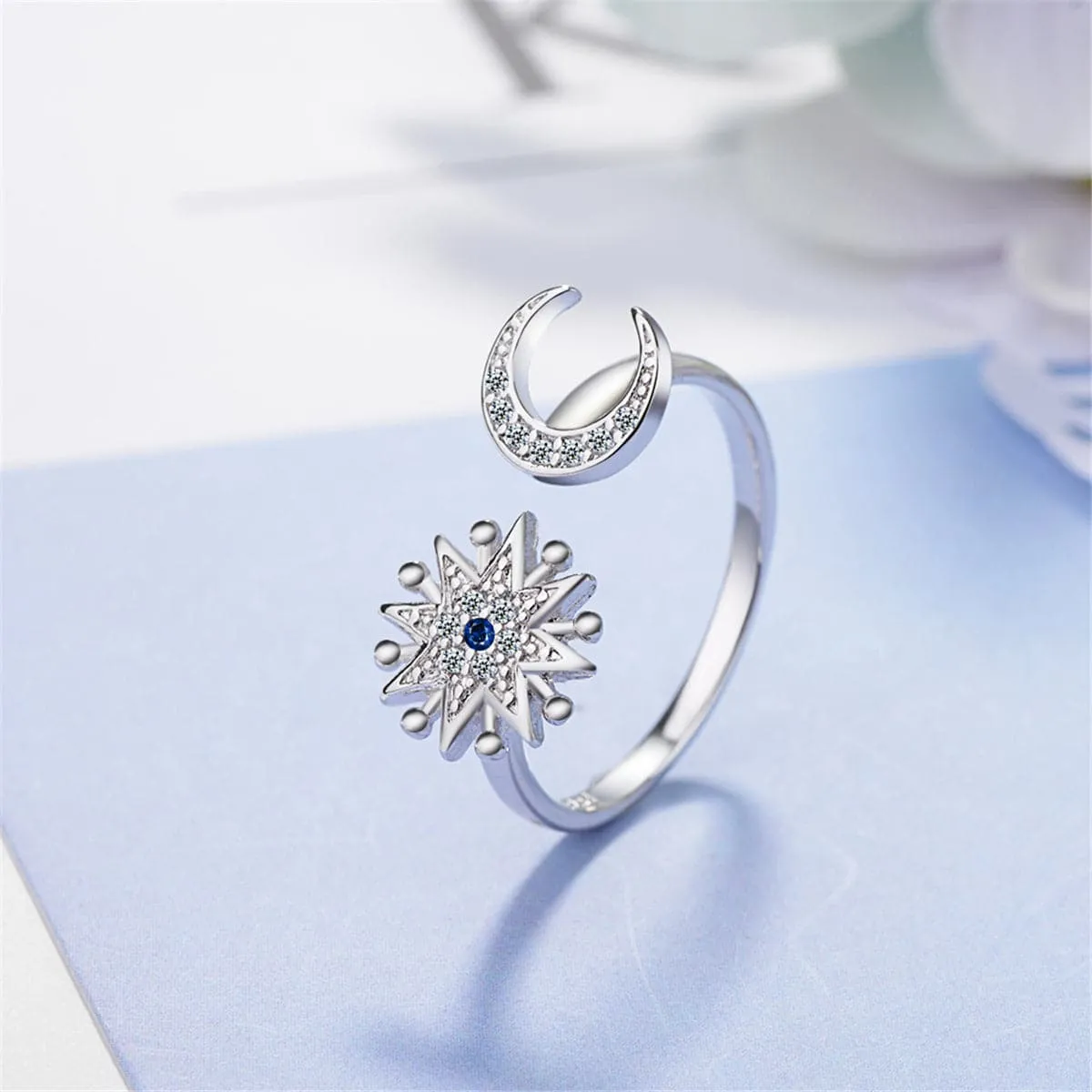 Cubic Zirconia & Silver-Plated Sun & Moon Bypass Ring