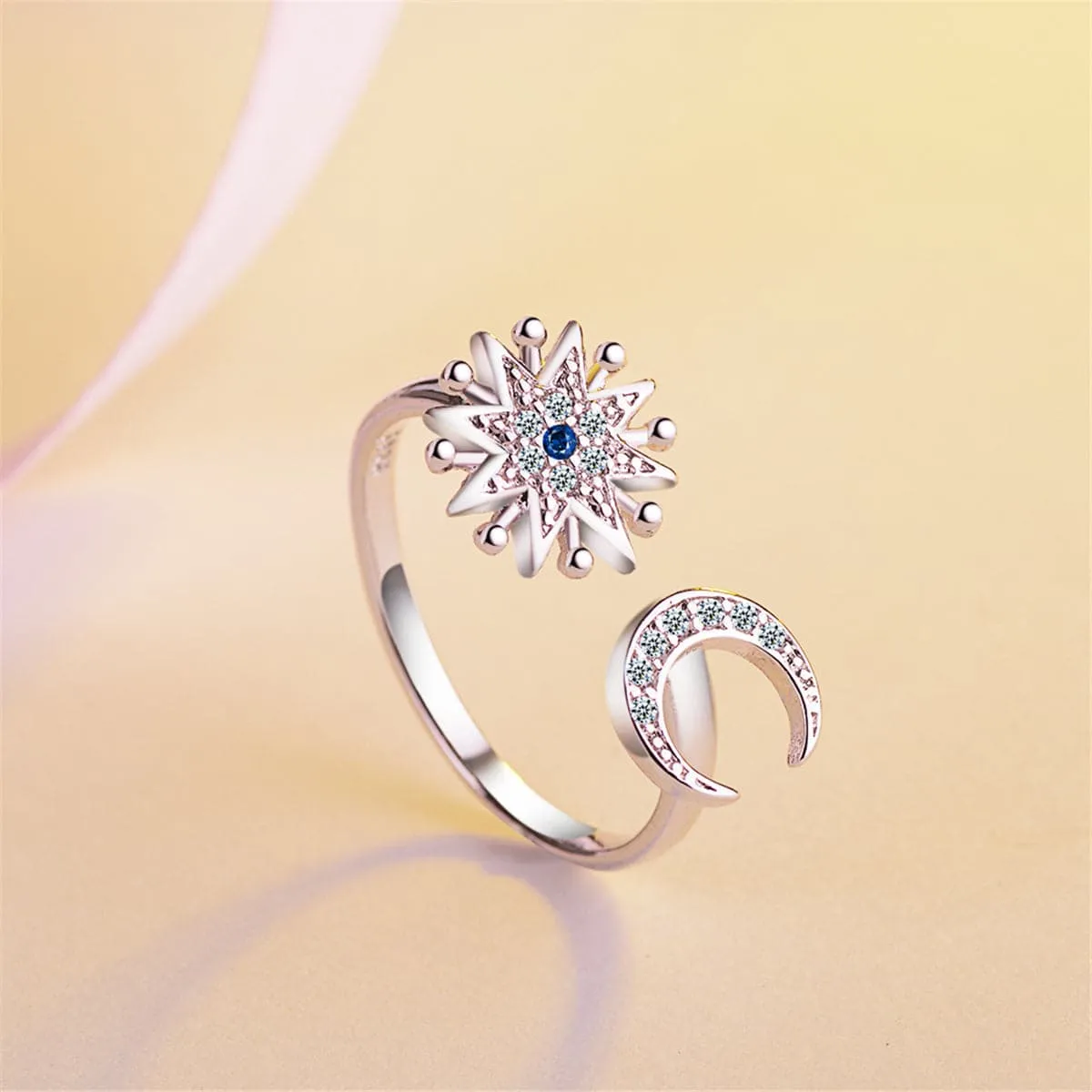Cubic Zirconia & Silver-Plated Sun & Moon Bypass Ring