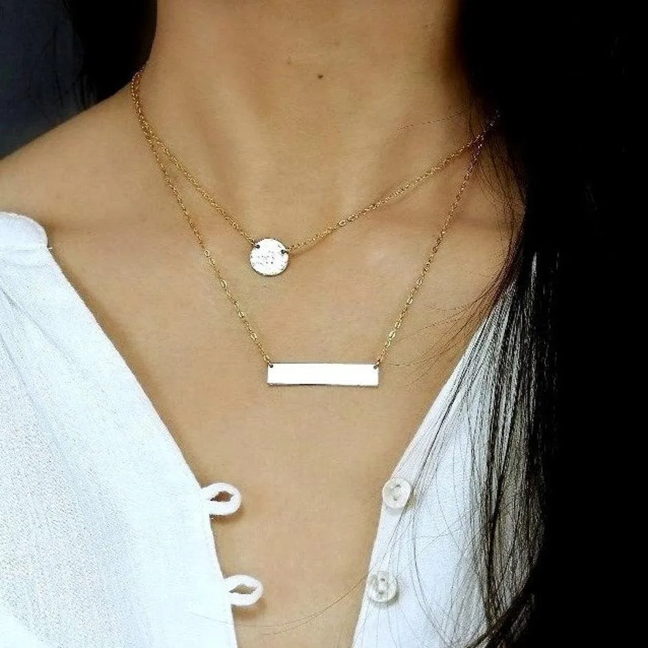 Custom Bar and Disc Engraving Layered Necklace, 7/16" Disc & 1.25" Bar Pendant