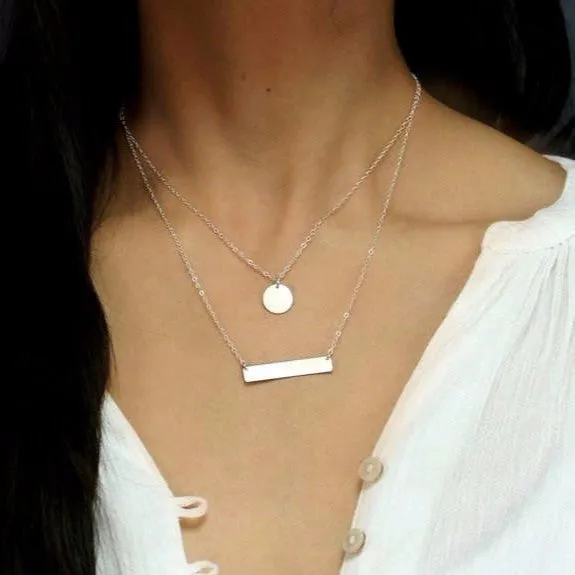 Custom Bar and Disc Engraving Layered Necklace, 7/16" Disc & 1.25" Bar Pendant
