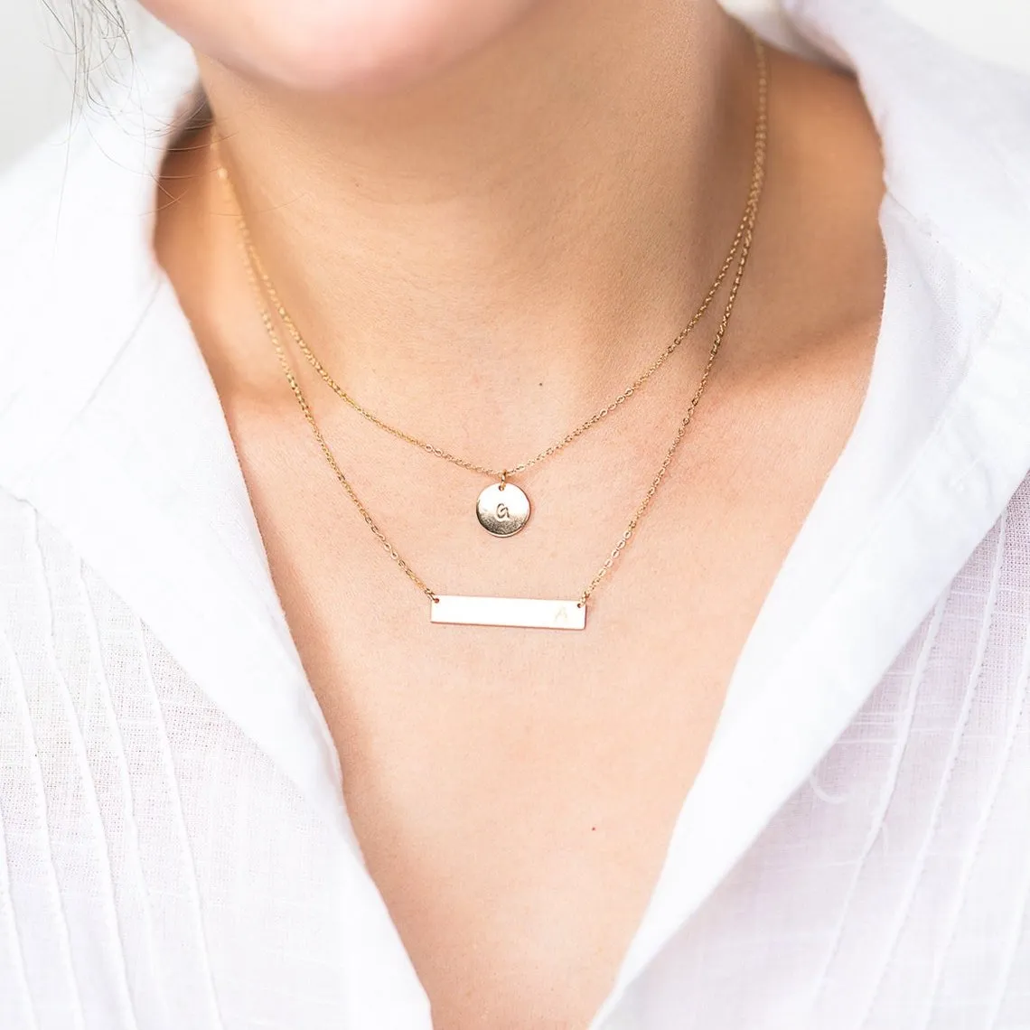 Custom Bar and Disc Engraving Layered Necklace, 7/16" Disc & 1.25" Bar Pendant