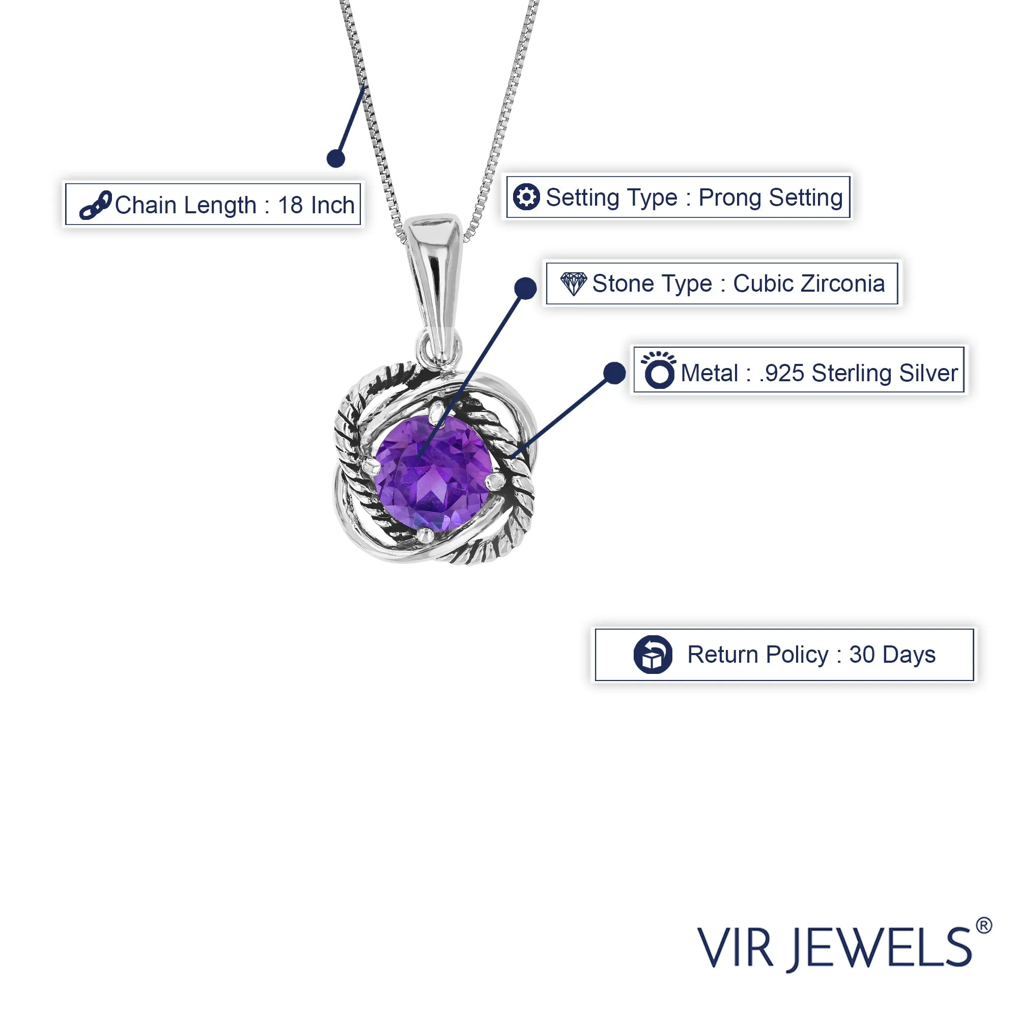 CZ Pendant Necklace, Antique CZ Silver Purple Pendant Necklace for Women with 18 Inch Chain
