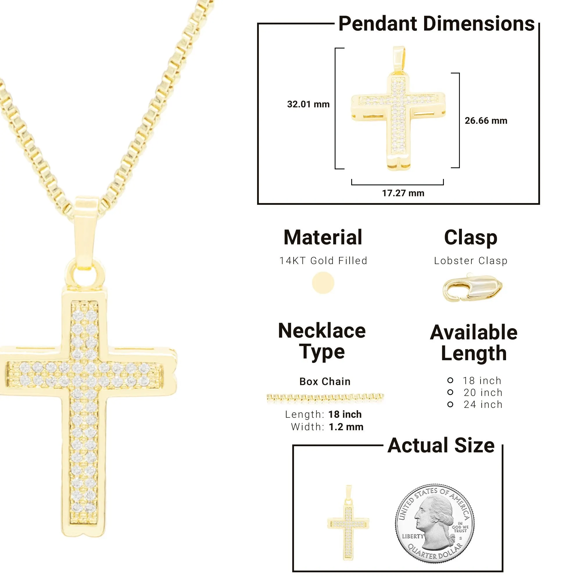 CZ Stone Bordered Cross Cubic Zirconia Pendant With Necklace Set 14K Gold Filled