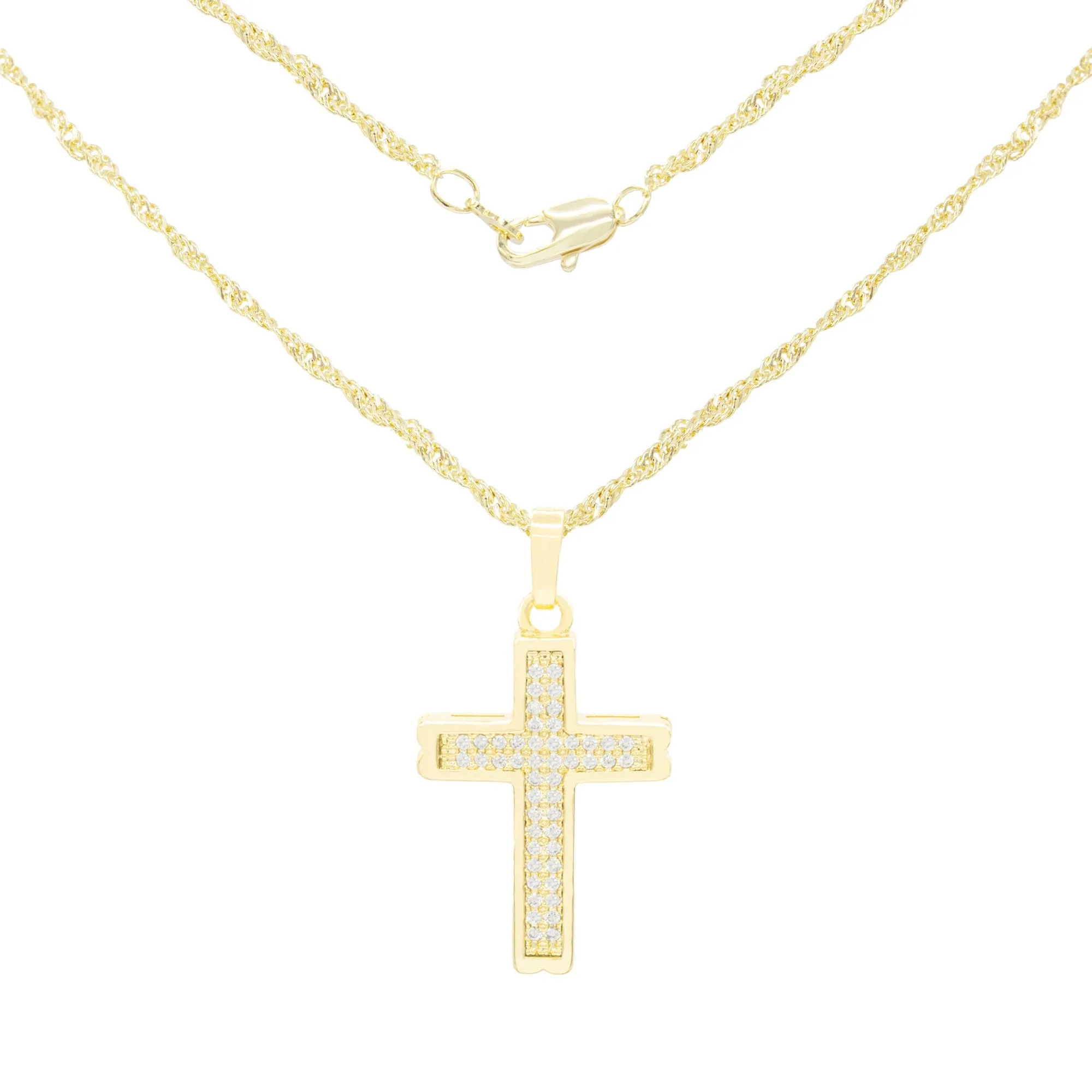 CZ Stone Bordered Cross Cubic Zirconia Pendant With Necklace Set 14K Gold Filled