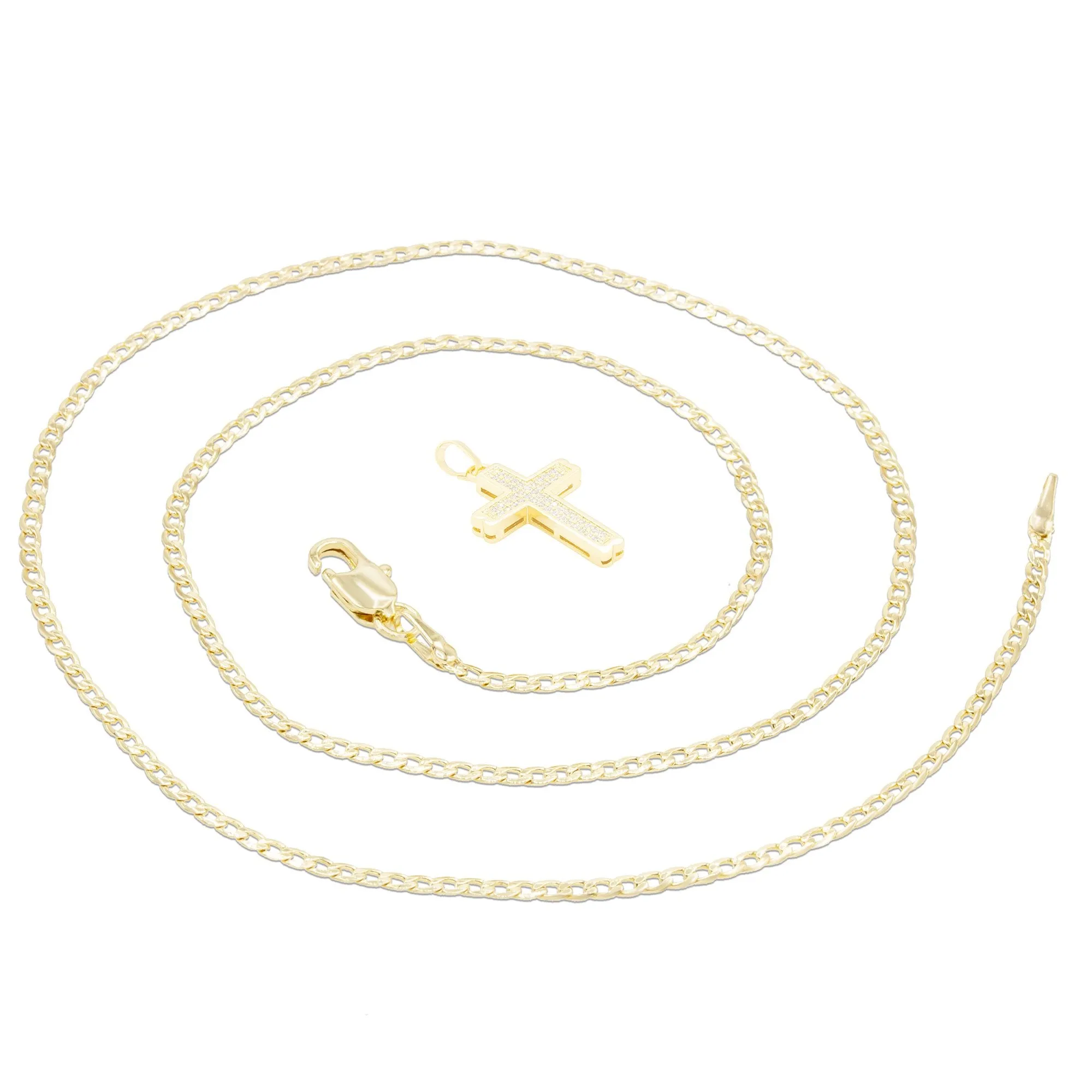 CZ Stone Bordered Cross Cubic Zirconia Pendant With Necklace Set 14K Gold Filled