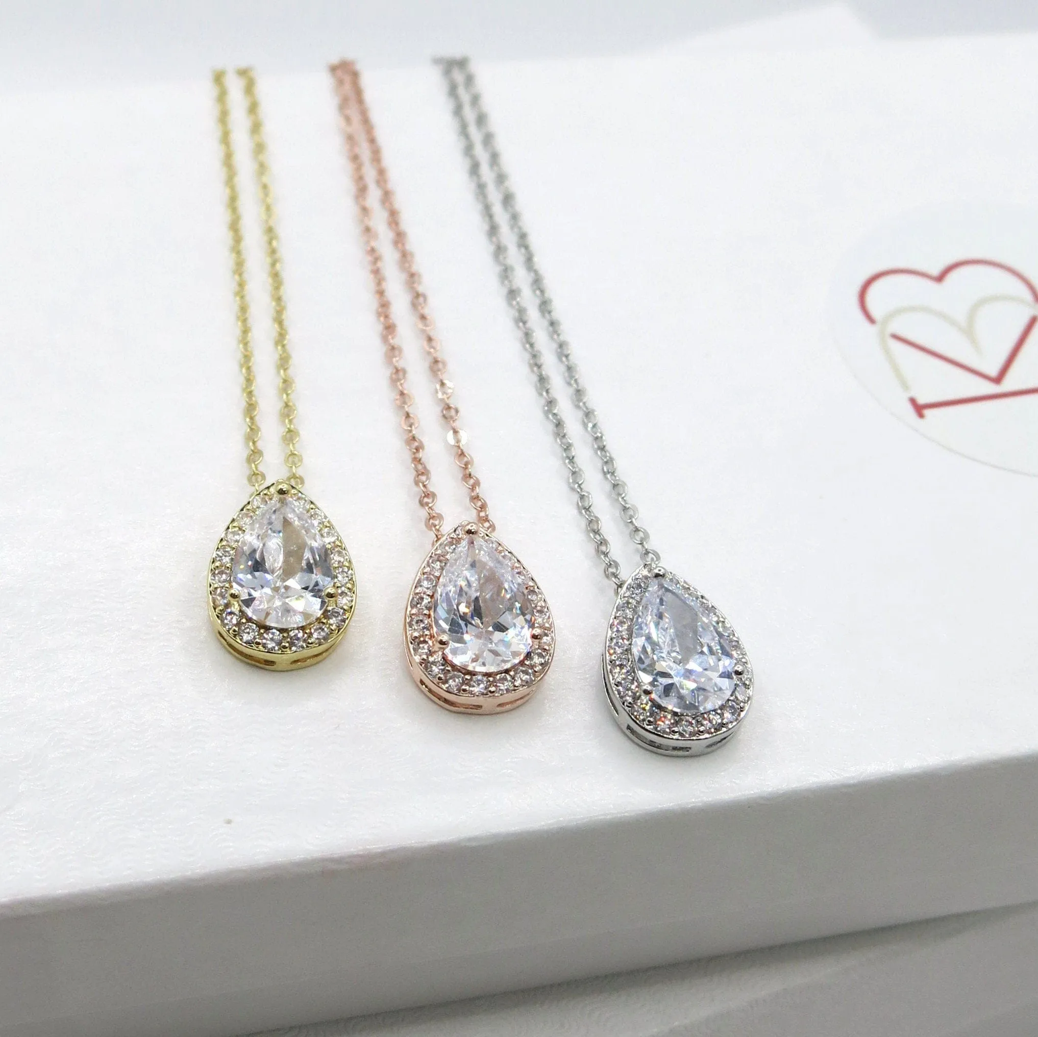 CZ Teardrop Crystal Chain Necklace, Bridesmaid CZ Gem Pendant Wedding Necklace, Bridal Crystal Necklace
