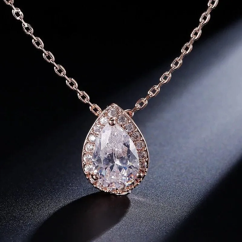 CZ Teardrop Crystal Chain Necklace, Bridesmaid CZ Gem Pendant Wedding Necklace, Bridal Crystal Necklace