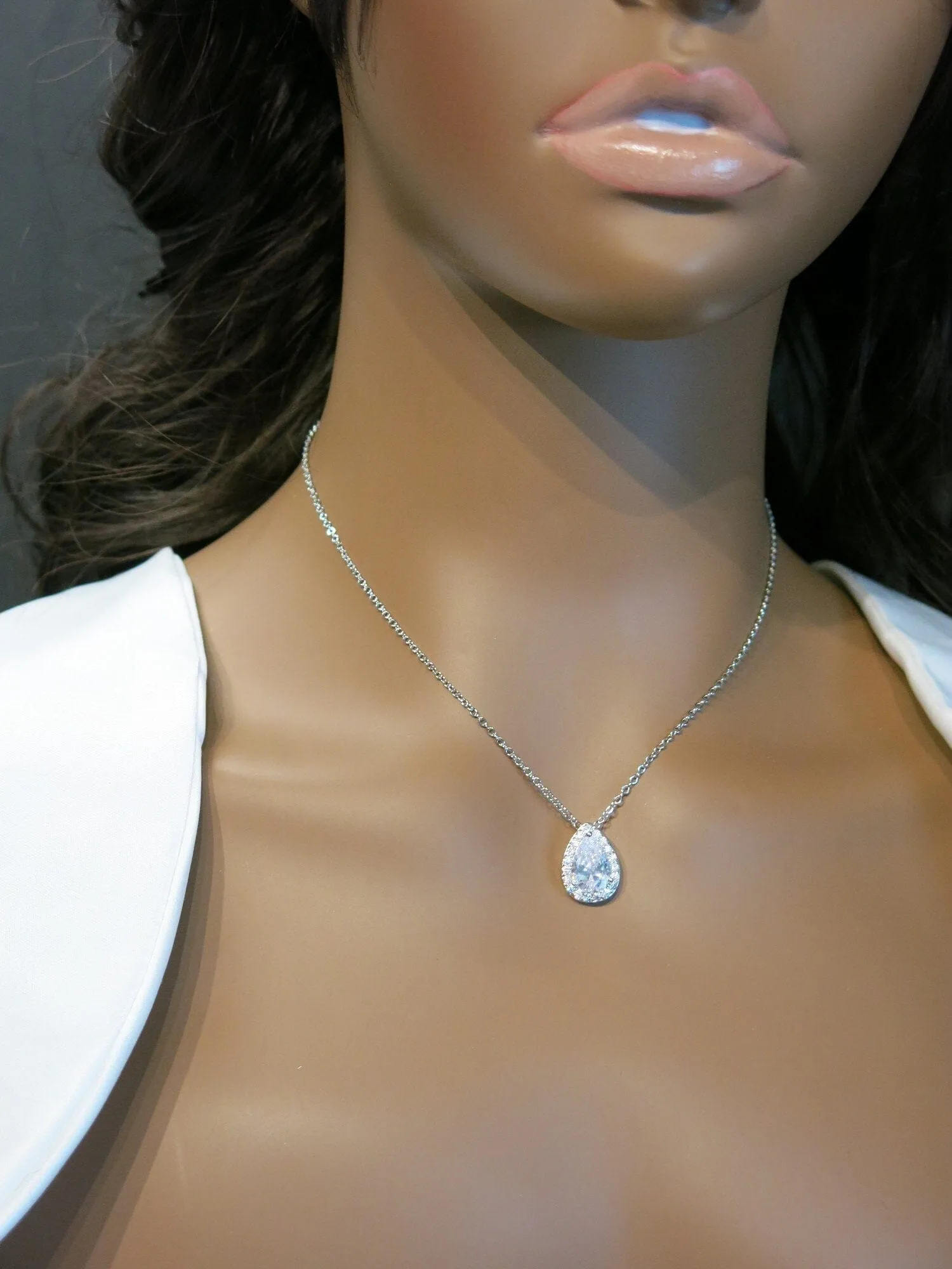 CZ Teardrop Crystal Chain Necklace, Bridesmaid CZ Gem Pendant Wedding Necklace, Bridal Crystal Necklace