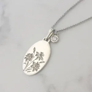 Daffodil flower necklace, vintage style oval pendant, unique personalized pendant, floral engraving necklace, birthstone charm necklace